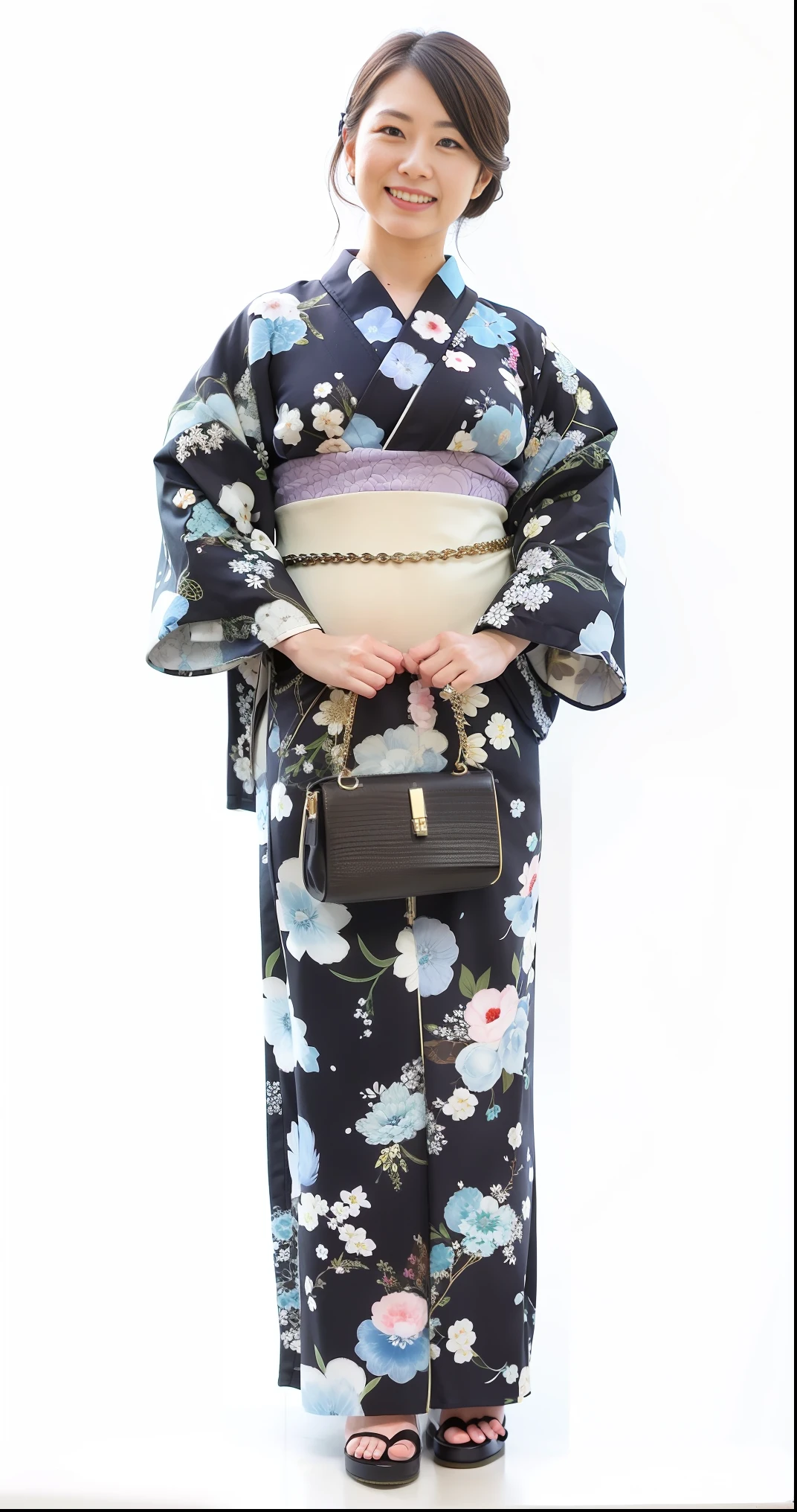woman in a kimono with a black purse and a blue flowered dress, classy yukata clothing, yukata clothing, in kimono, kimono, japanese kimono, wearing royal kimono, wearing kimono, japaneese style, in a kimono, wearing a kimono, traditional geisha clothing, hakama kimono, by Nishida Shun'ei, eiko ishioka