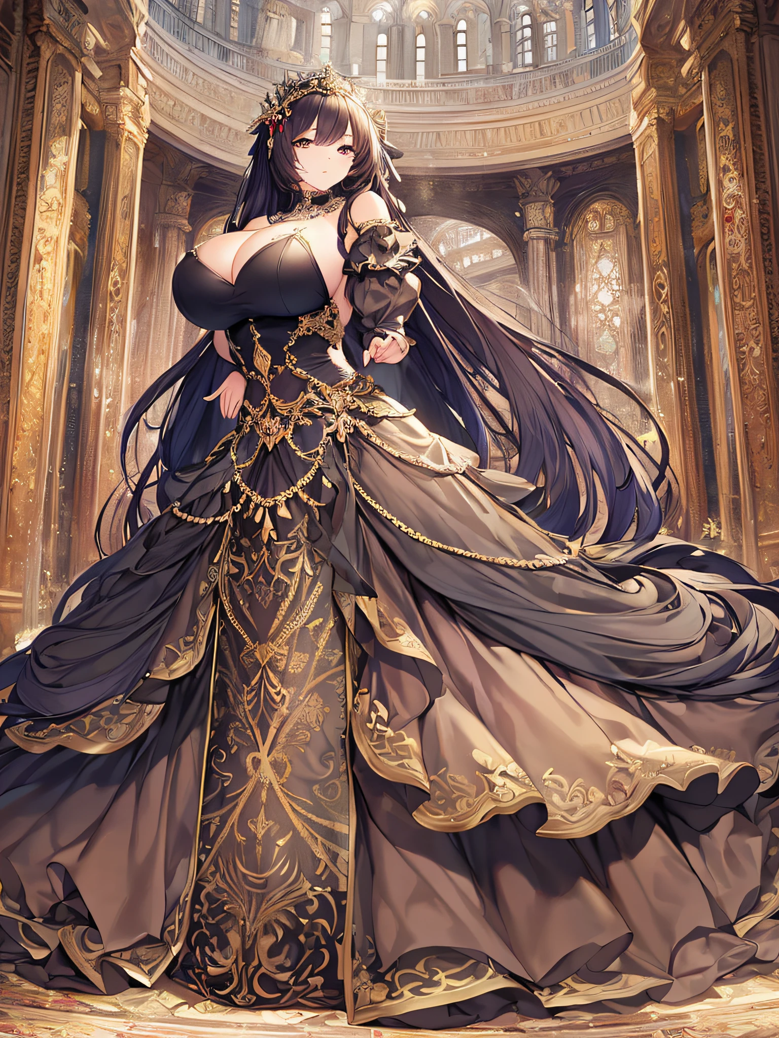 anime moe artstyle,(Masterpiece),(Best Quality), (Super Detail),Illustration,((Very Delicate and Beautiful)),Focus on character,Dynamic Angle,Looking at viewer,((Solo)),standing,(((full body))),((one noble princess in gorgeous ball gown with voluminous skirt)),detailed face and eyes,jewel-like eyes,((Very Long voluminous Hair)),gorgeous embroidery and lace,See-through,ornate ruffles,Gorgeous jewelry ornaments,(gigantic breasts,Long breasts),((gorgeous ball gown with voluminous skirt)),full body