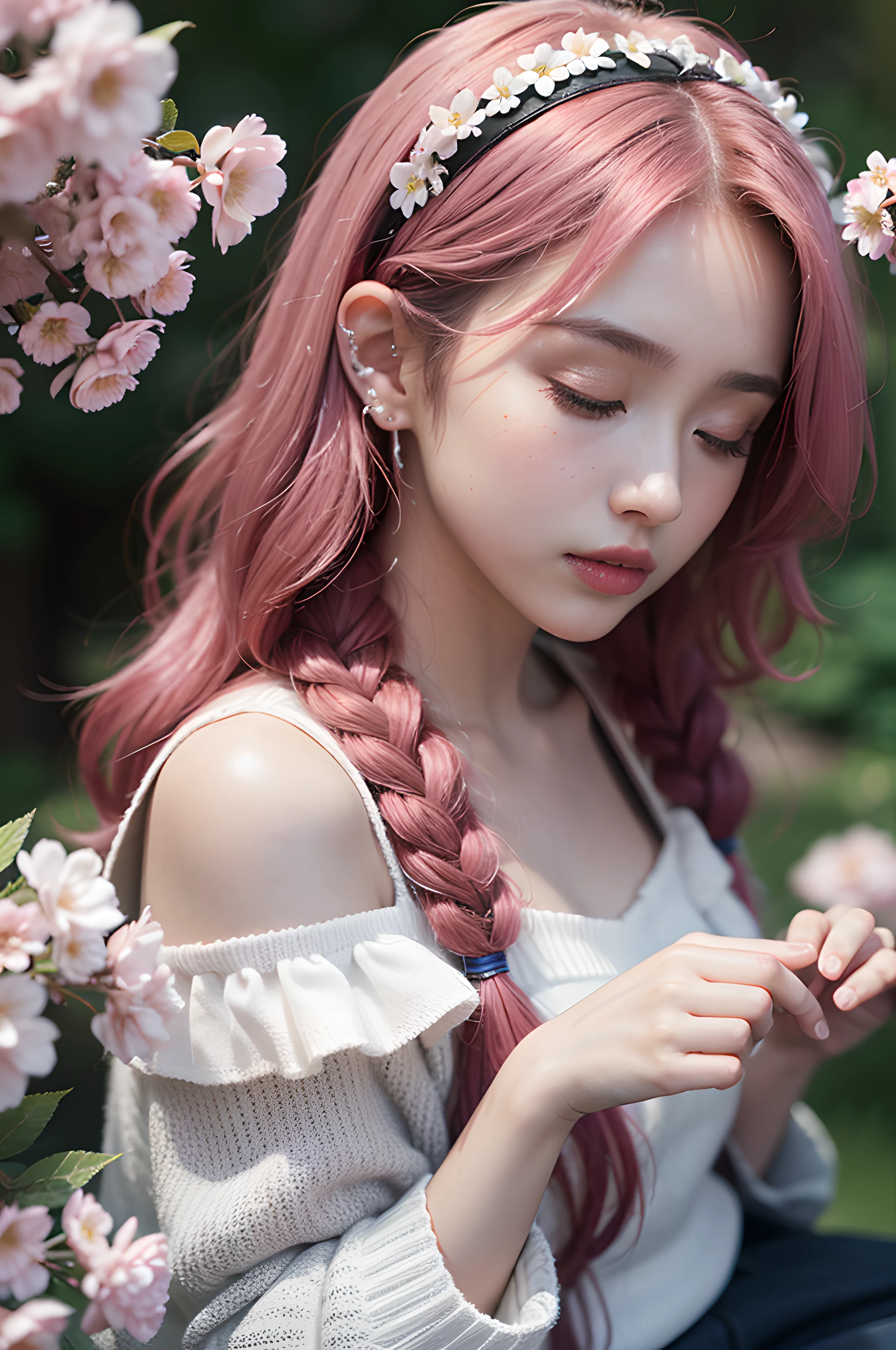 (masterpiece), (portrait), (aesthetic), (beautiful), (upper blody), (high quality), (aesthetic clothings), (professional angle), (rule of thirds), (Feminine), (woman), (female), (beautiful),(feminine features), (21 years), solo, 1 woman, (attractive Japanese), Spring, (Cherry Blossoms), (Afternoon), (Natural light), ((Presenting Cake)), (Hands on Table Hands), ((Looking Upward Face)), ((Delicate)), (Elegant Make-up), (Petite Bust), (Headband), ((Medium Hair)), (Pink Hair), (Curly Hair), (Side Braid hair), (Flower Clip in Hair), (Closed Eyes), (Blue Eyes), (Dreamy Look), Pale skin, (Embroidered Details Clothing), (Babydoll Top), (Cardigan), (Skirt ), (Off-shoulder Neckline), ((Japanese Garden background)), (Close-up Shot Shot), beautiful hands, two hands, normal hands, two arms, complete hands, beautiful body, beautiful fingers, normal fingers, five fingers, five fingers, beautiful ears, normal ears, beautiful eyes, shiny eyes, beautiful mouth, beautiful lips,
