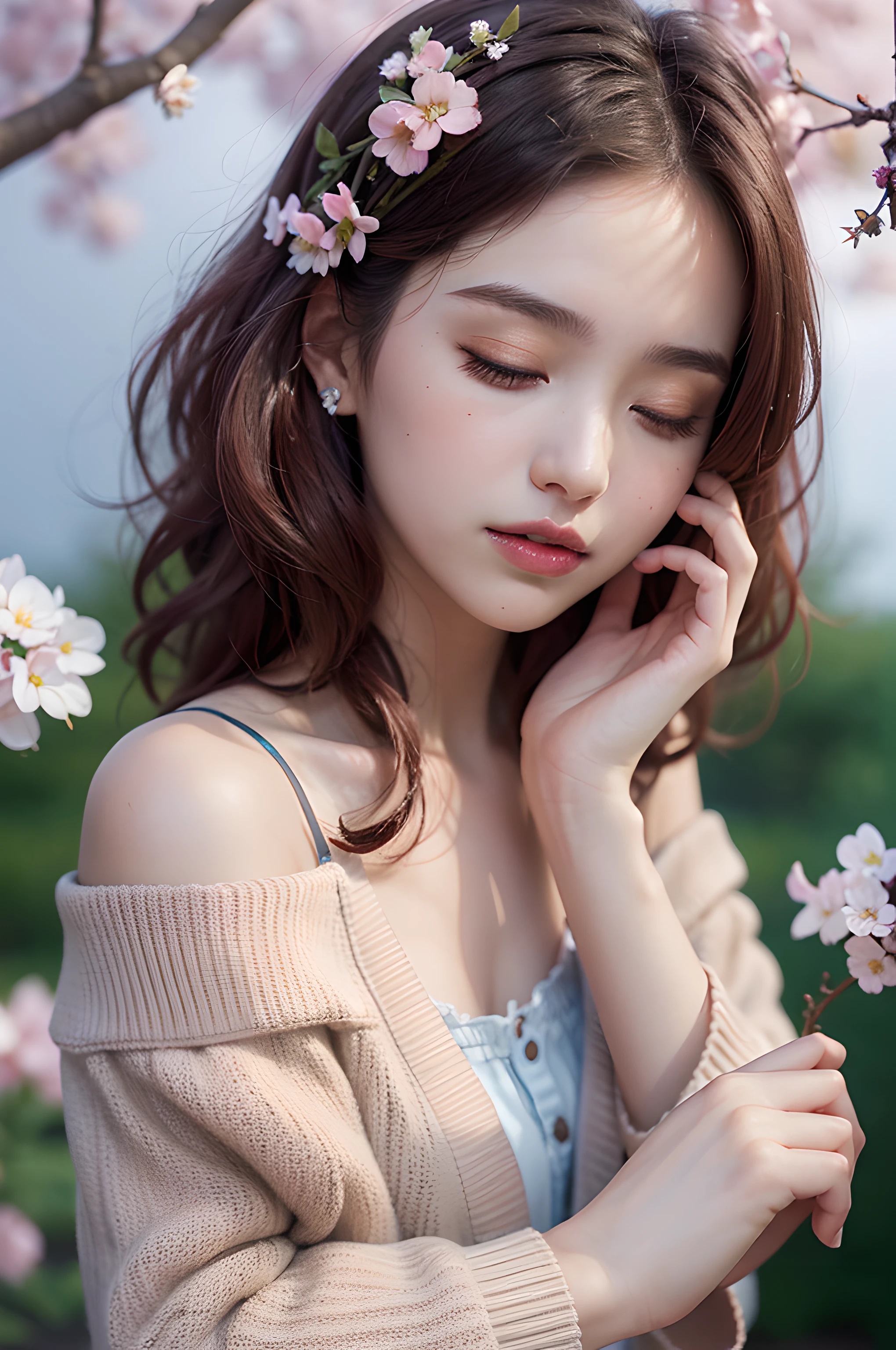 (masterpiece), (portrait), (aesthetic), (beautiful), (upper blody), (high quality), (aesthetic clothings), (professional angle), (rule of thirds), (Feminine), (woman), (female), (beautiful),(feminine features), (21 years), solo, 1 woman, (attractive Japanese), Spring, (Cherry Blossoms), (Afternoon), (Natural light), ((Presenting Cake)), (Hands on Table Hands), ((Looking Upward Face)), ((Delicate)), (Elegant Make-up), (Petite Bust), (Headband), ((Medium Hair)), (Pink Hair), (Curly Hair), (Side Braid hair), (Flower Clip in Hair), (Closed Eyes), (Blue Eyes), (Dreamy Look), Pale skin, (Embroidered Details Clothing), (Babydoll Top), (Cardigan), (Skirt ), (Off-shoulder Neckline), ((Japanese Garden background)), (Close-up Shot Shot), beautiful hands, two hands, normal hands, two arms, complete hands, beautiful body, beautiful fingers, normal fingers, five fingers, five fingers, beautiful ears, normal ears, beautiful eyes, shiny eyes, beautiful mouth, beautiful lips,