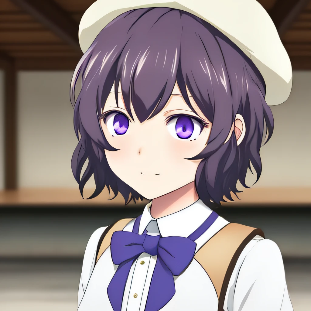 kotoko-iwanaga, short hair, white beret, brown hair, violet eyes