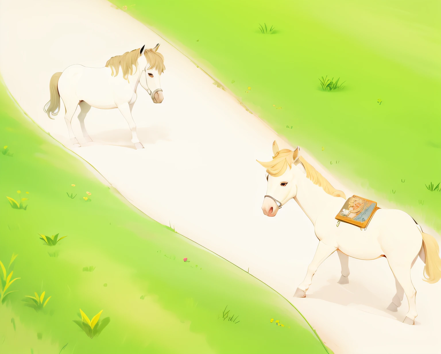 there are two horses that are standing in the grass, adorable digital painting, cute storybook illustration, childrenbook illustration, children book illustration, children’s book illustration, children's book illustration, story book illustration, kids book illustration, storybook illustation, childrens book illustration, by Yang J, storybook illustration, a storybook illustration, cute detailed digital art --auto