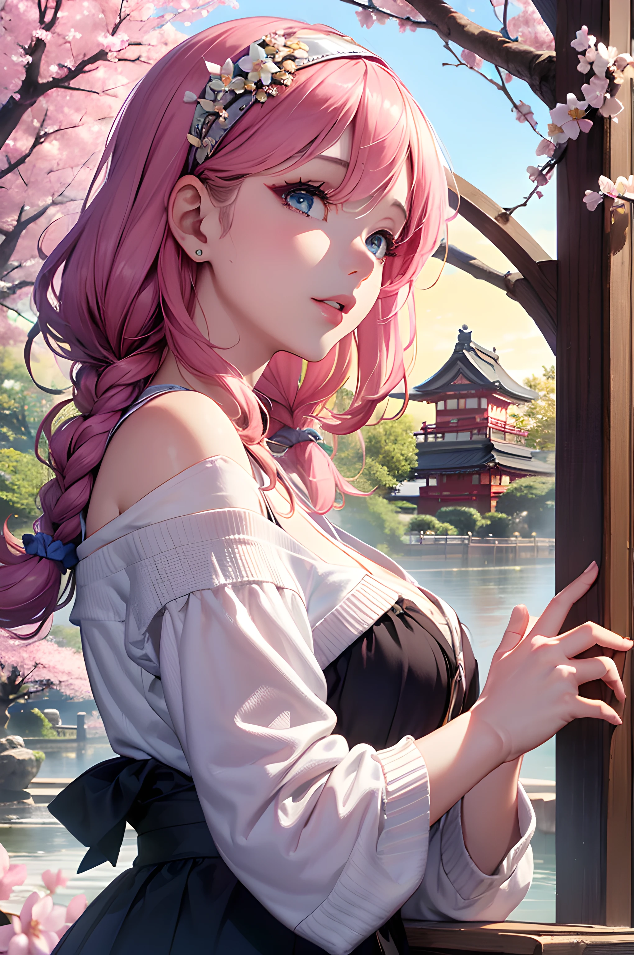 (masterpiece), (portrait), (aesthetic), (beautiful), (upper blody), (high quality), (aesthetic clothings), (professional angle), (rule of thirds), (Feminine), (woman), (female), (beautiful),(feminine features), (21 years), solo, 1 woman, (attractive Japanese), Spring, (Cherry Blossoms), (Afternoon), (Natural light), ((Presenting Cake)), (Hands on Table Hands), ((Looking Upward Face)), ((Delicate)), (Elegant Make-up), (Petite Bust), (Headband), ((Medium Hair)), (Pink Hair), (Curly Hair), (Side Braid hair), (Flower Clip in Hair), (Closed Eyes), (Blue Eyes), (Dreamy Look), Pale skin, (Embroidered Details Clothing), (Babydoll Top), (Cardigan), (Skirt ), (Off-shoulder Neckline), ((Japanese Garden background)), (Close-up Shot Shot), beautiful hands, two hands, normal hands, two arms, complete hands, beautiful body, beautiful fingers, normal fingers, five fingers, five fingers, beautiful ears, normal ears, beautiful eyes, shiny eyes, beautiful mouth, beautiful lips,