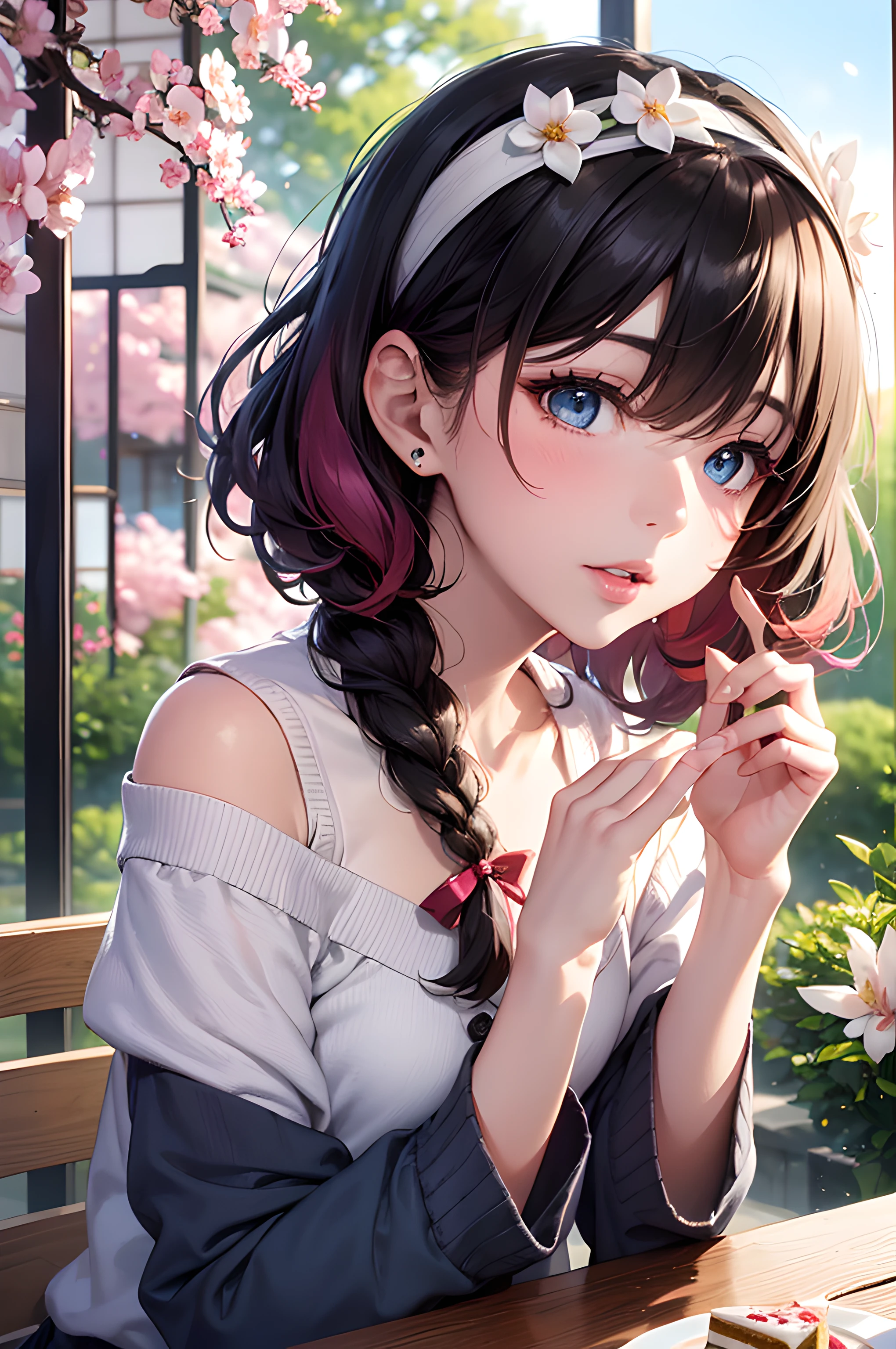 (masterpiece), (portrait), (aesthetic), (beautiful), (upper blody), (high quality), (aesthetic clothings), (professional angle), (rule of thirds), (Feminine), (woman), (female), (beautiful),(feminine features), (21 years), solo, 1 woman, (attractive Japanese), Spring, (Cherry Blossoms), (Afternoon), (Natural light), ((Presenting Cake)), (Hands on Table Hands), ((Looking Upward Face)), ((Delicate)), (Elegant Make-up), (Petite Bust), (Headband), ((Medium Hair)), (Pink Hair), (Curly Hair), (Side Braid hair), (Flower Clip in Hair), (Closed Eyes), (Blue Eyes), (Dreamy Look), Pale skin, (Embroidered Details Clothing), (Babydoll Top), (Cardigan), (Skirt ), (Off-shoulder Neckline), ((Japanese Garden background)), (Close-up Shot Shot), beautiful hands, two hands, normal hands, two arms, complete hands, beautiful body, beautiful fingers, normal fingers, five fingers, five fingers, beautiful ears, normal ears, beautiful eyes, shiny eyes, beautiful mouth, beautiful lips,