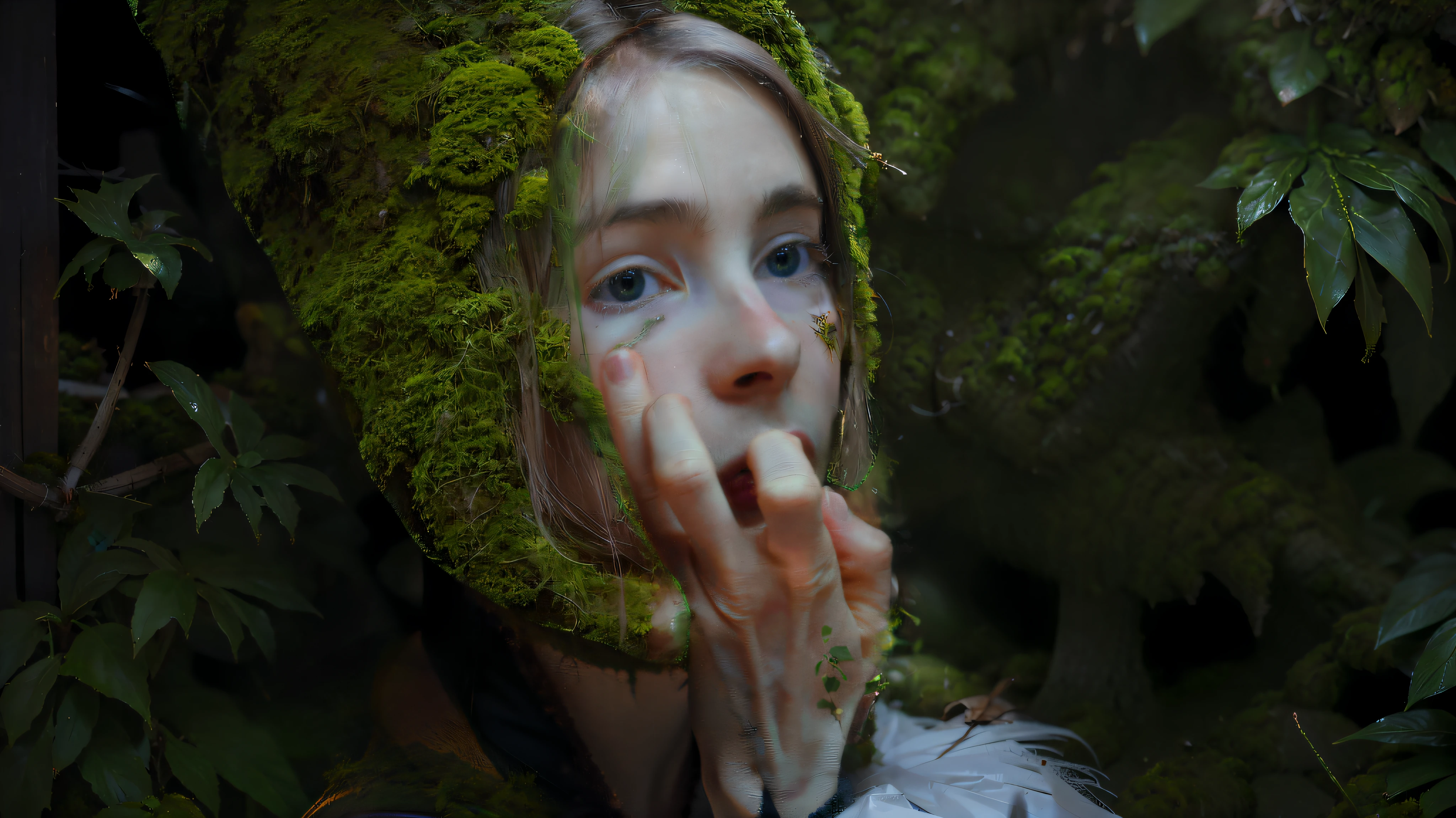 portrait of a forest mage, covered in moss