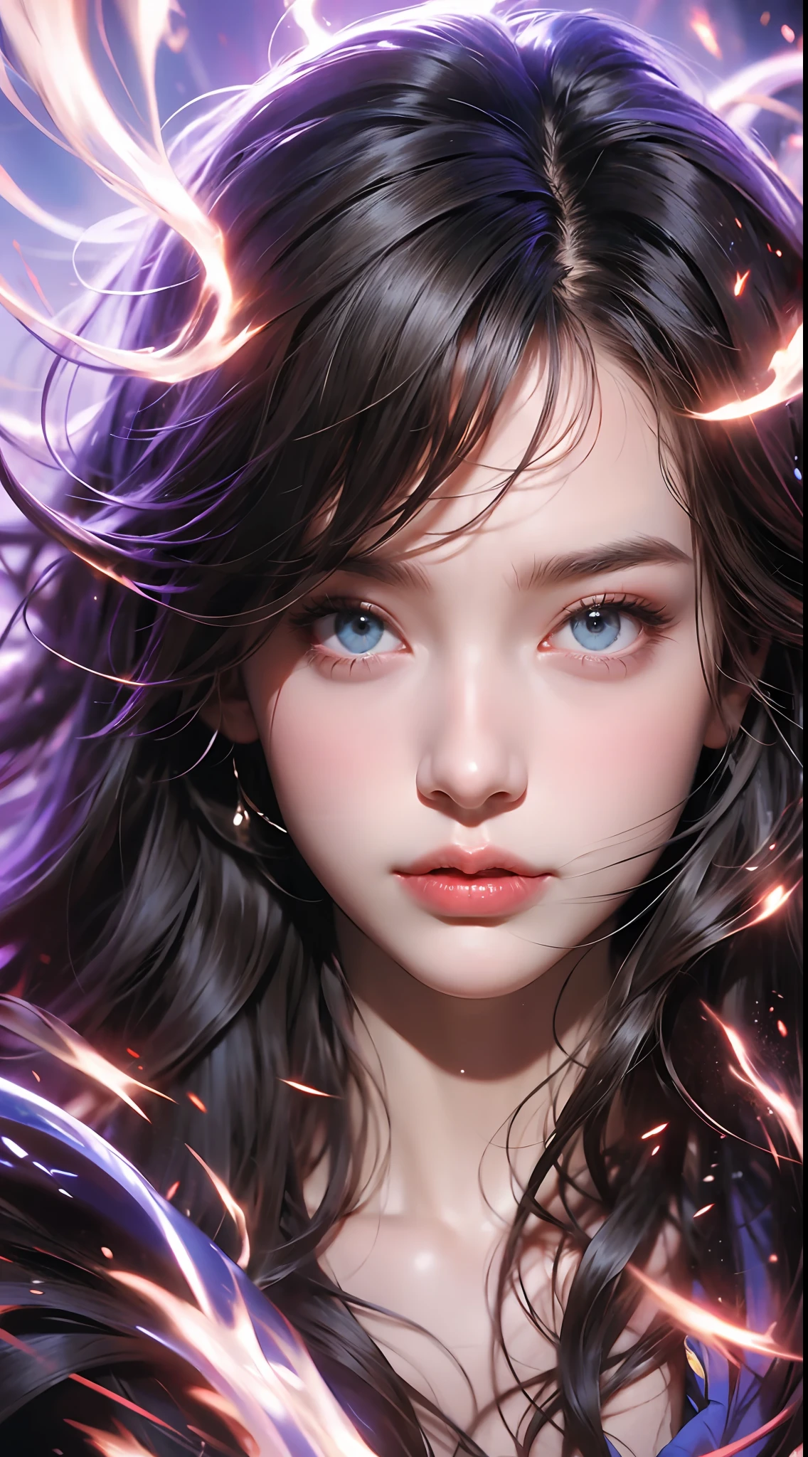 (Best Quality), (Masterpiece), (Reality), Portrait of a Girl, 1 Girl, Brunette with Long Hair, Purple Lightning Crossing Face, Detailed Eyes, Beautiful Facial Features, Surrounded by Fire, Splashing Flames, Game CG, Ultra Detailed