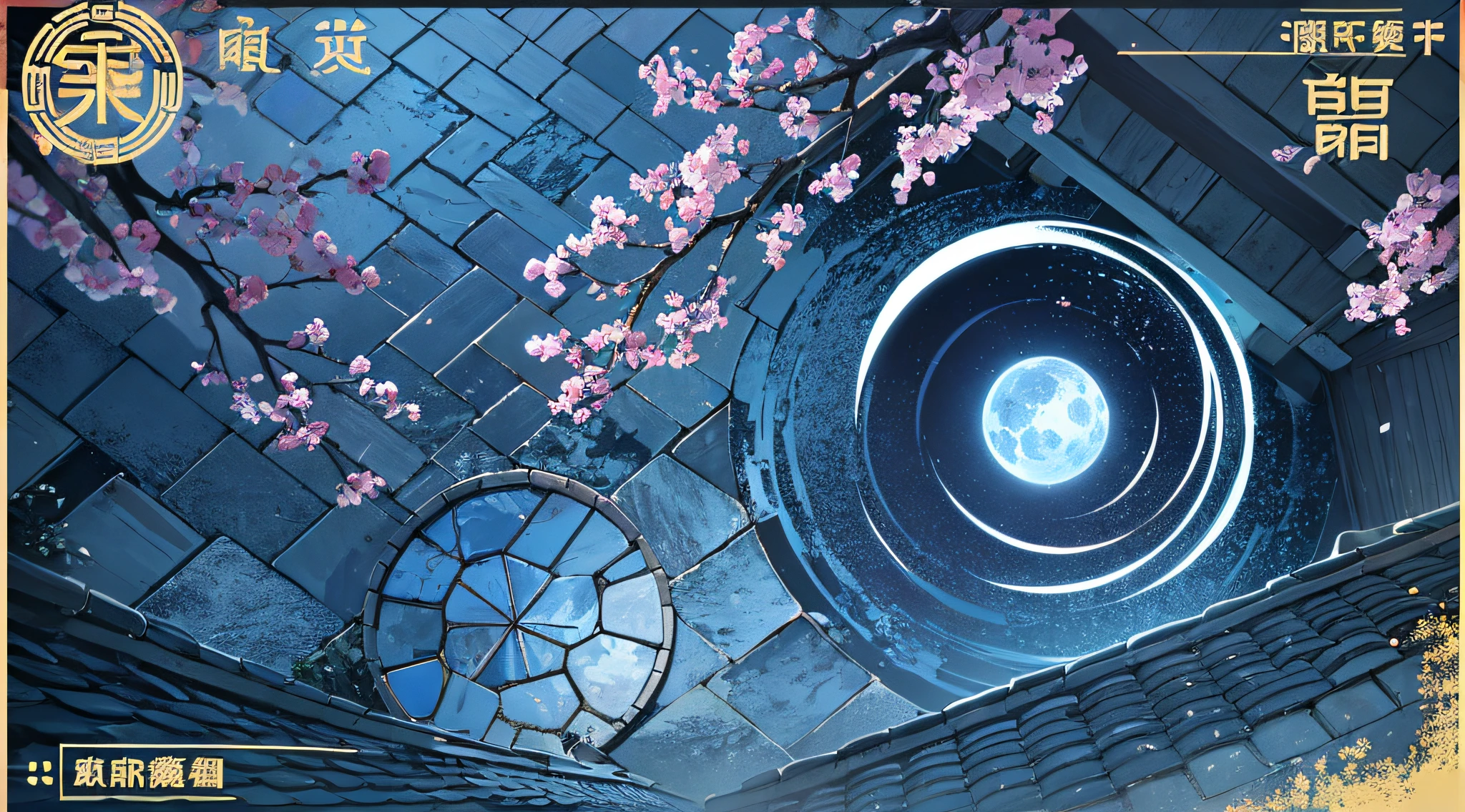 Top view, blue night, ((Chinese style eaves tile close-up)), a few branches behind the eaves, a round moon in the distance, national style, martial arts, Tianya Ming Yue Dao concept, Tianya Ming Yue Dao poster, Against the water and cold concept, overall blue tone, less red tone embellishment,