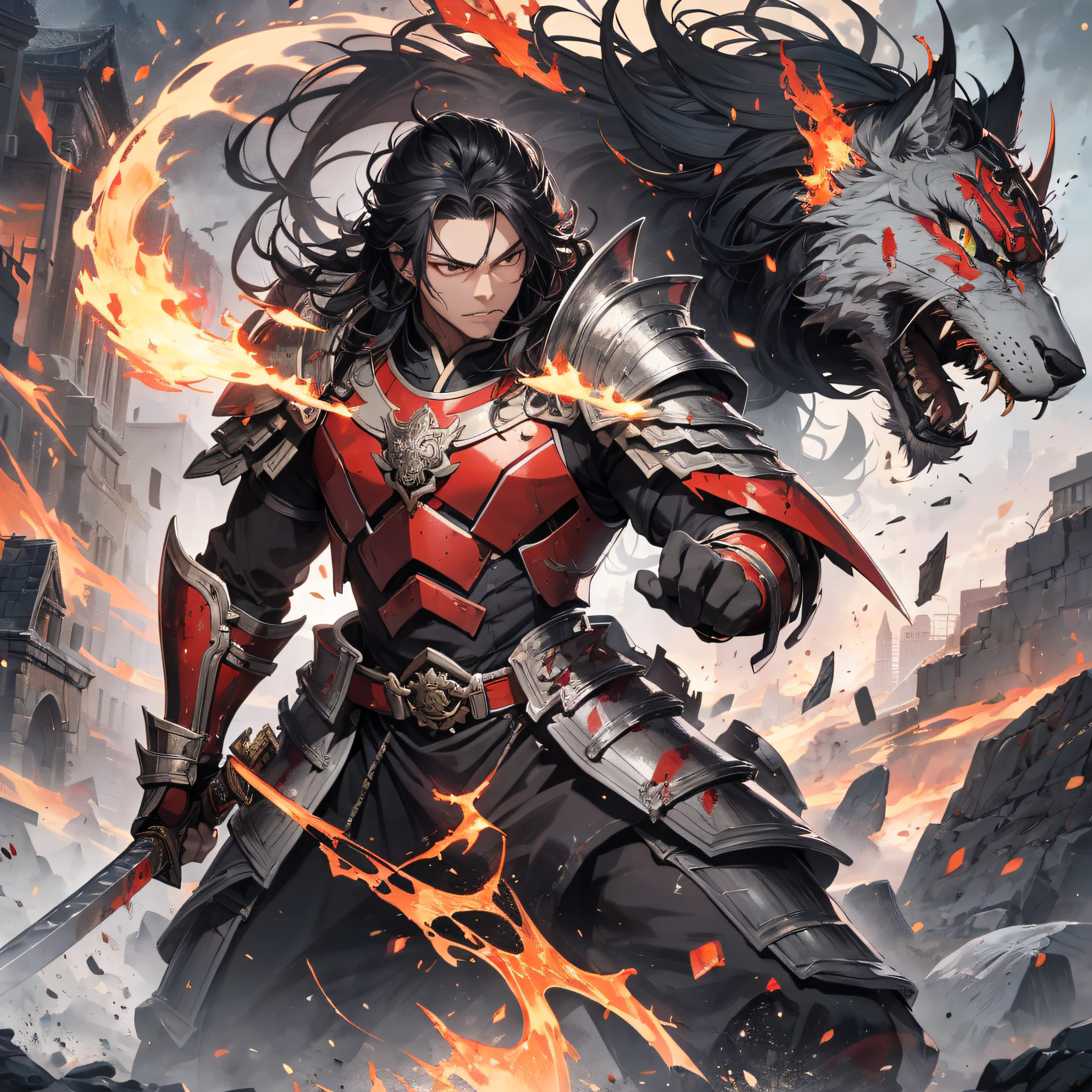 Absurd resolution, high resolution, (masterpiece: 1.4), hyper-detail, ancient Chinese, black long-haired young man (1.3), roar (1.2), armored samurai in red armor, steppe, wielding sword, blood, battle, dusk, fire