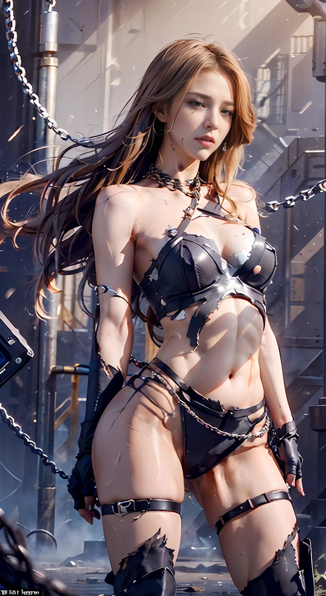 - [ ] Full body photo, photo, Sharpness, unique 850 4, Koda850 k portrait camera, F1.6 lens, ultra-realistic textures, spectacular light textures, Cinestil 800 fashion mechanics, Beautiful girl with accentuated slender abs: 1.4,Six Pack Abs: 1.4, Bust Botox,standing on tiptoe, long legs, blonde fluttering in the wind, brown hair, long hair, female warrior costume, ((wearing a torn sheer costume of a superheroine)),(no no panties, no bra)),sweating,wet,wet crotch,wet thighs,(futuristic sci-fi battle fashion,elbow and knee cyberpad, cyberglove: 1.1), ((torn costume)), belly and navel visible, thin sheer costume, torn lower chest, shredded costumes, broken golden shields and battle spears,cyber long combat boots with golden knee pads, golden shoulder armor and combat gloves, anatomical, (futuristic sci-fi battle fashion, cracked elbow and knee cyberpads, torn cyberlong boots, torn cybergloves: 1.1), ((the tip is protruding, the areola protrudes, the shape of the pubic area is clearly visible))),pain,((( tears flow, cry with pain)),(wide prison with sunlight)),dark fantasy, peeling of the ceiling, broken slabs, rebar between cracks, realistic material details, extreme details, ultra-realistic materials, broken walls,blood,junkyard, blood splattered on the face, blood splattered, realistic, (bruises, dirty, ripped clothes, skimpy clothes, blood: 1.3), torn cloak, Torn pantyhose, restraint, ((straddling the iron bar)),(tied perfectly by iron chain), restraint, slave, collars, contempt, (chained), chains digging into the crotch, hands tied behind the back, invisible hands, ((4 chains hung from heaven)), metallic shackles and fetters, wet crotch clearly visible, ((iron pipe into the crotch)), ((both wrists are restrained above the head)), (((left leg tied at the knee is suspended)), Five chains connect his hands and legs and neck, chains from his left knee to heaven, chains of rusted iron, (A thin metal drill from the crotch is stuck in the ground))), 10 chains radiating fr