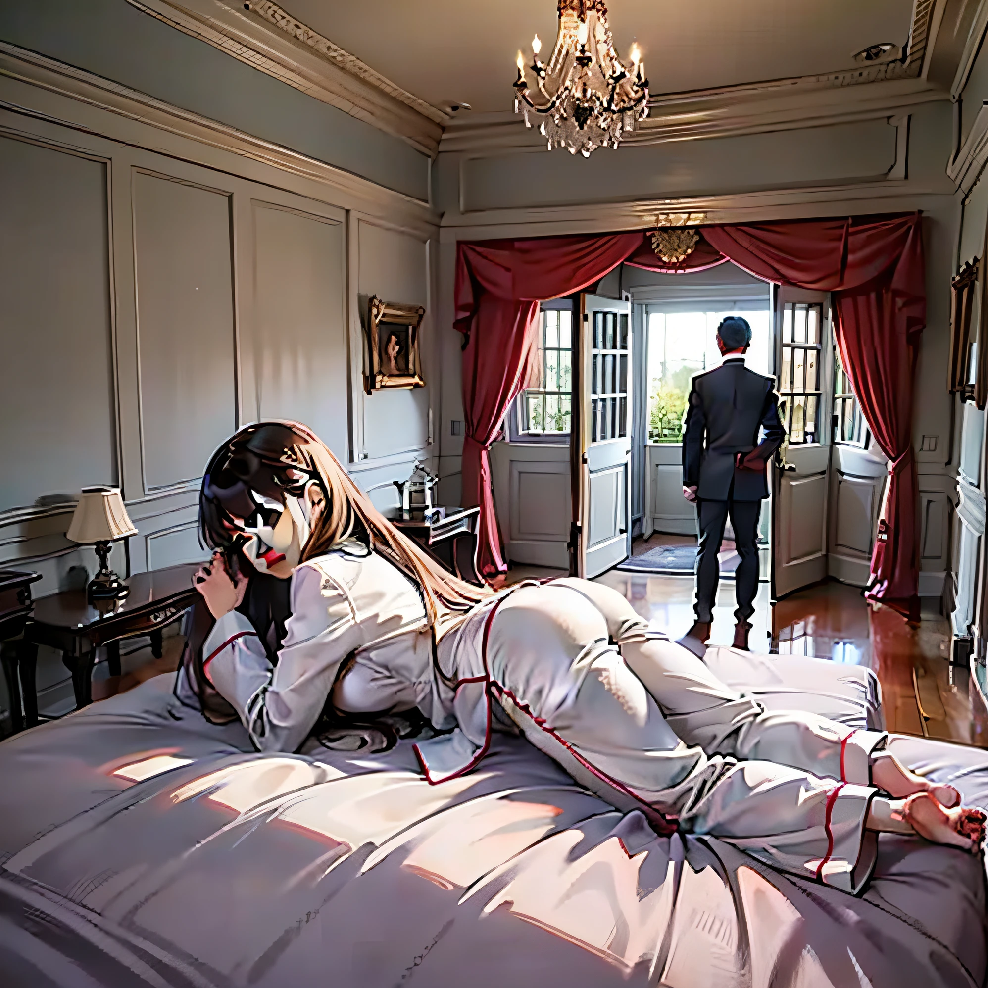 Girls in the whole body, pajamas, long-sleeved pants pajamas, lying on the bed, hands supporting their heads, mansions, there is a male standing next to them, big scene, you can see the state of the whole body, big scene, panorama, whole body,