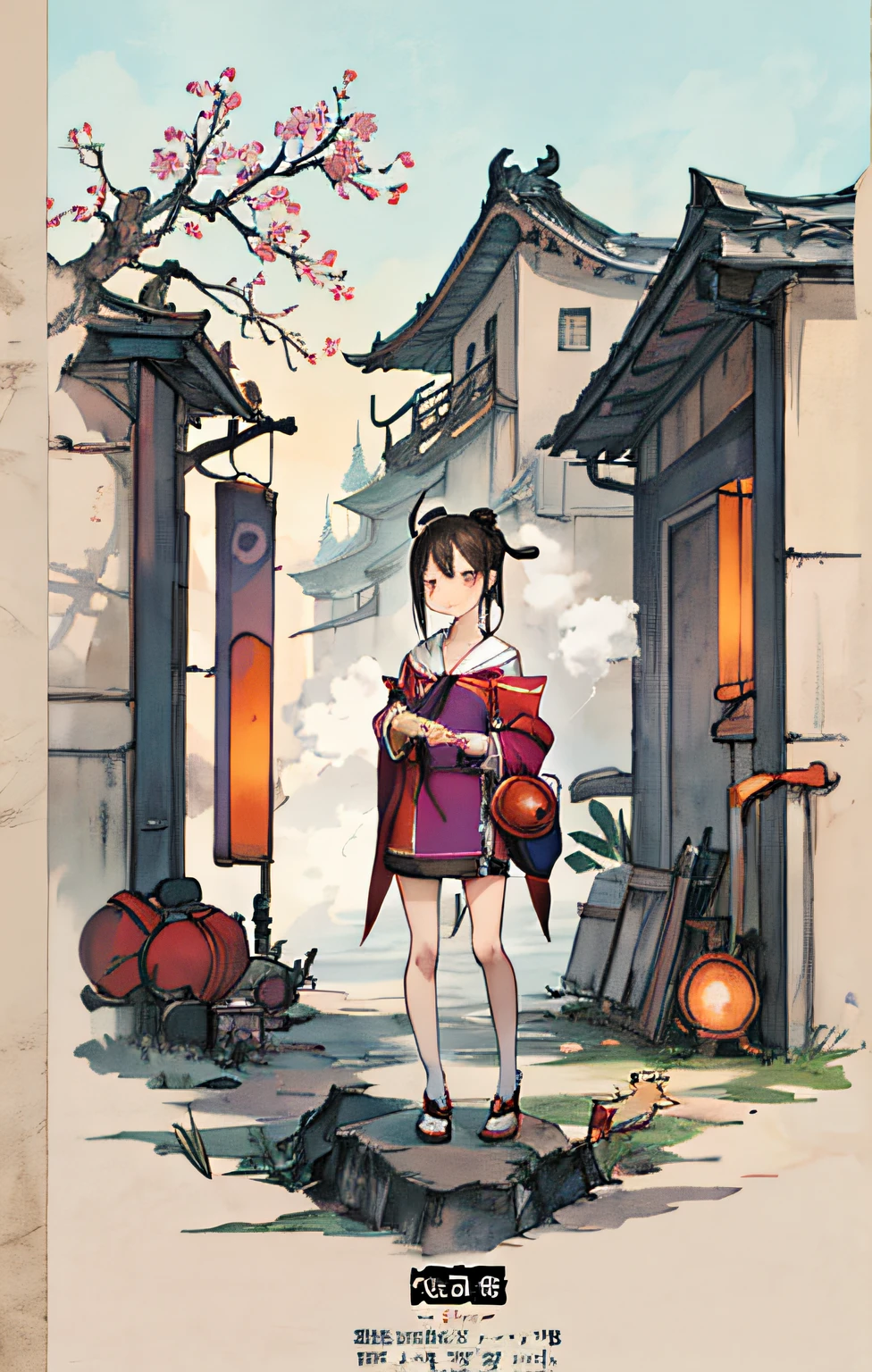 Best quality, detailed background, girl, Guilin landscape, Zhuang girl, bird, summer, fog, character design, romantic, flat poster design, packaging design, popular in ArtStation Pixiv, cute anime waifu wearing beautiful clothes