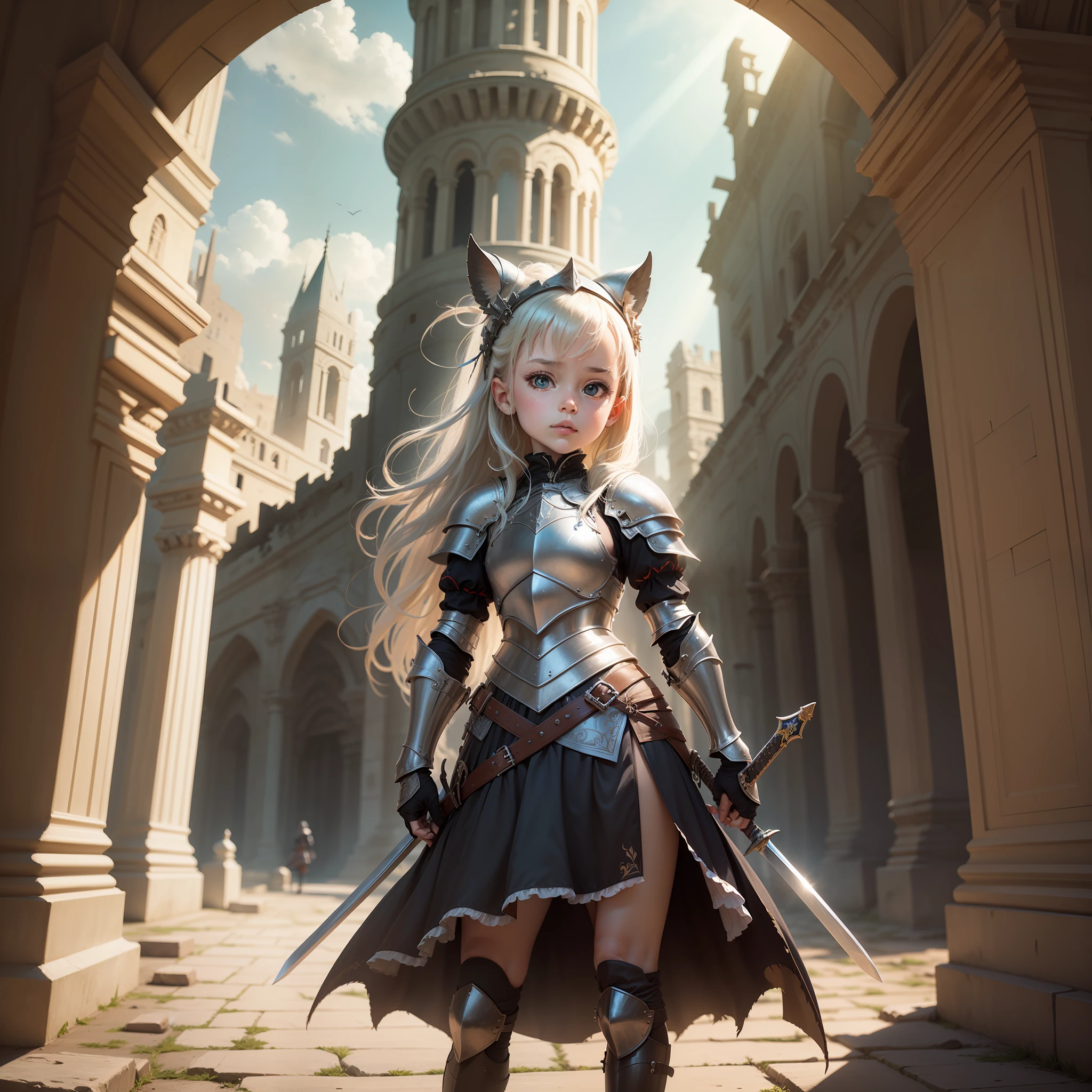 A little girl in armor, palaces, ruins, swords, depth of field, god rays, panorama, motion blur, Surrealism, UHD