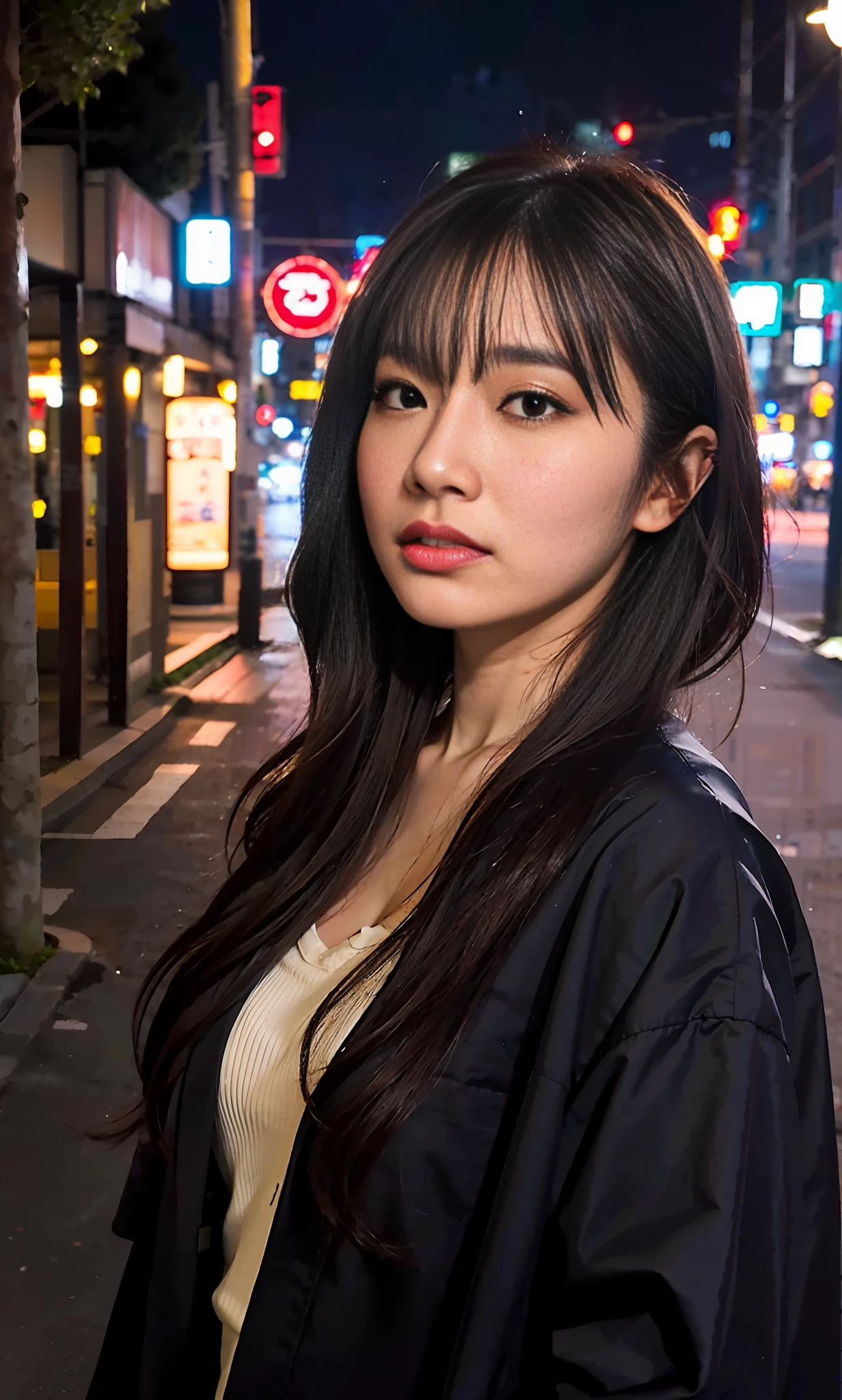 1girl, Tokyo street,night, cityscape,city lights, upper body,close-up, 8k, RAW photo, best quality, masterpiece,realistic, photo-realistic,