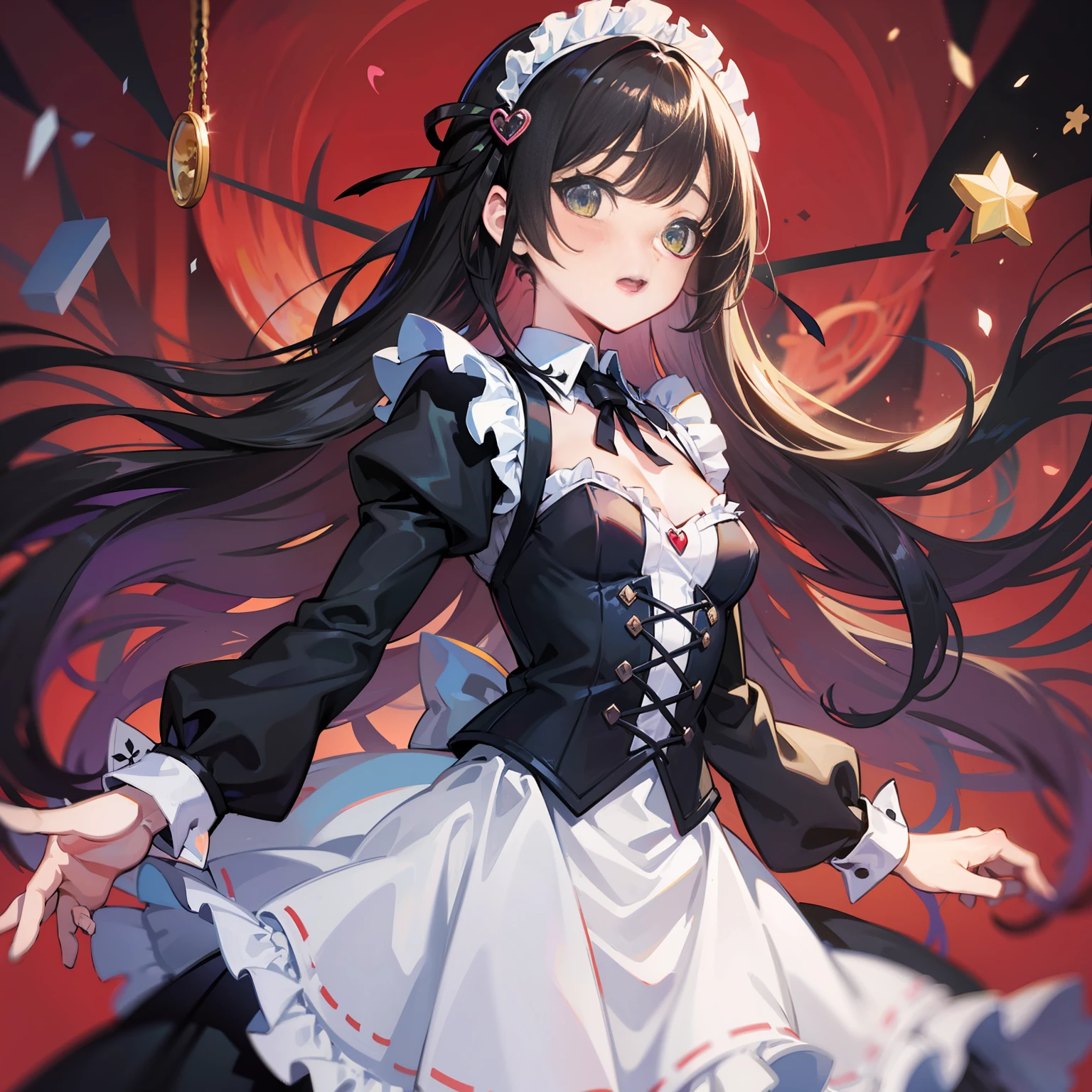 Masterpiece, Top Quality, Maid Clothes, Cute, Beautiful, Elegant, Black Hair, Long Hair, Bangs, Skirts, Black Clothes, Fluffy, Ribbons, Green Fluffy, Heart, Blush, Floating Hair, Very Long Hair, Upper Body, One Girl, Open Mouth Slightly, Toothless, Look Viewer, Harem Costume, Gothic Lolita, Small breasts,Jewelry, hair ornaments,