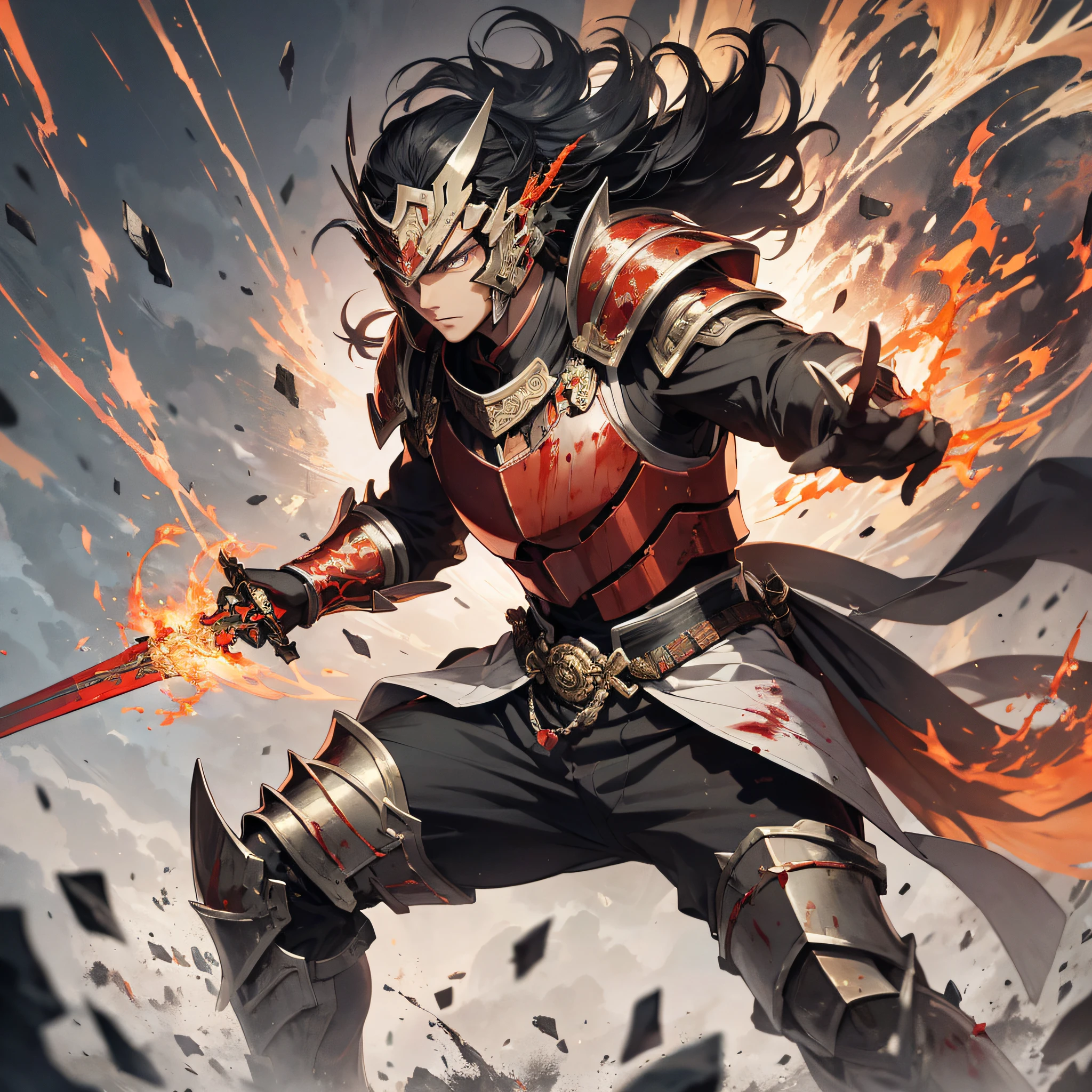Absurd resolution, high resolution, (masterpiece: 1.4), hyper-detail, ancient China, steppe, black long-haired young man (1.3), roar (1.2), armored samurai in red armor, wielding sword, army, battlefield, blood, battle, fire