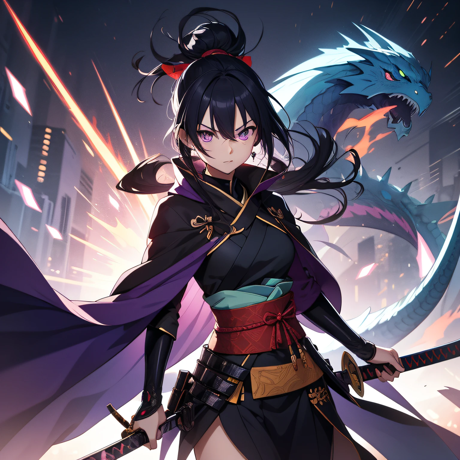 An anime style samurai girl sporting a futuristic katana and petras outfit with cape with purple eyes and black hair, city anime style Scarlet Nexus, epic possession, with a blue dragon style power activation, PC wallpaper,