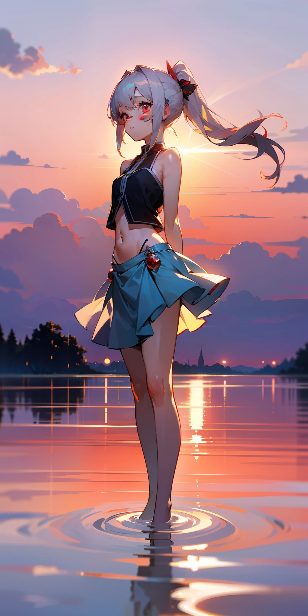 projected inset, (highest quality), (depth of field), (full body), charming, rich details, 1girl, girly, cute, ((silver hair)), quadratic, long ponytail, light red eyes, red hair ornament, sleeveless, bare shoulder, (navel), hands behind back, (sideways), evening, sunset, beautiful sky, lakeside, water reflection
