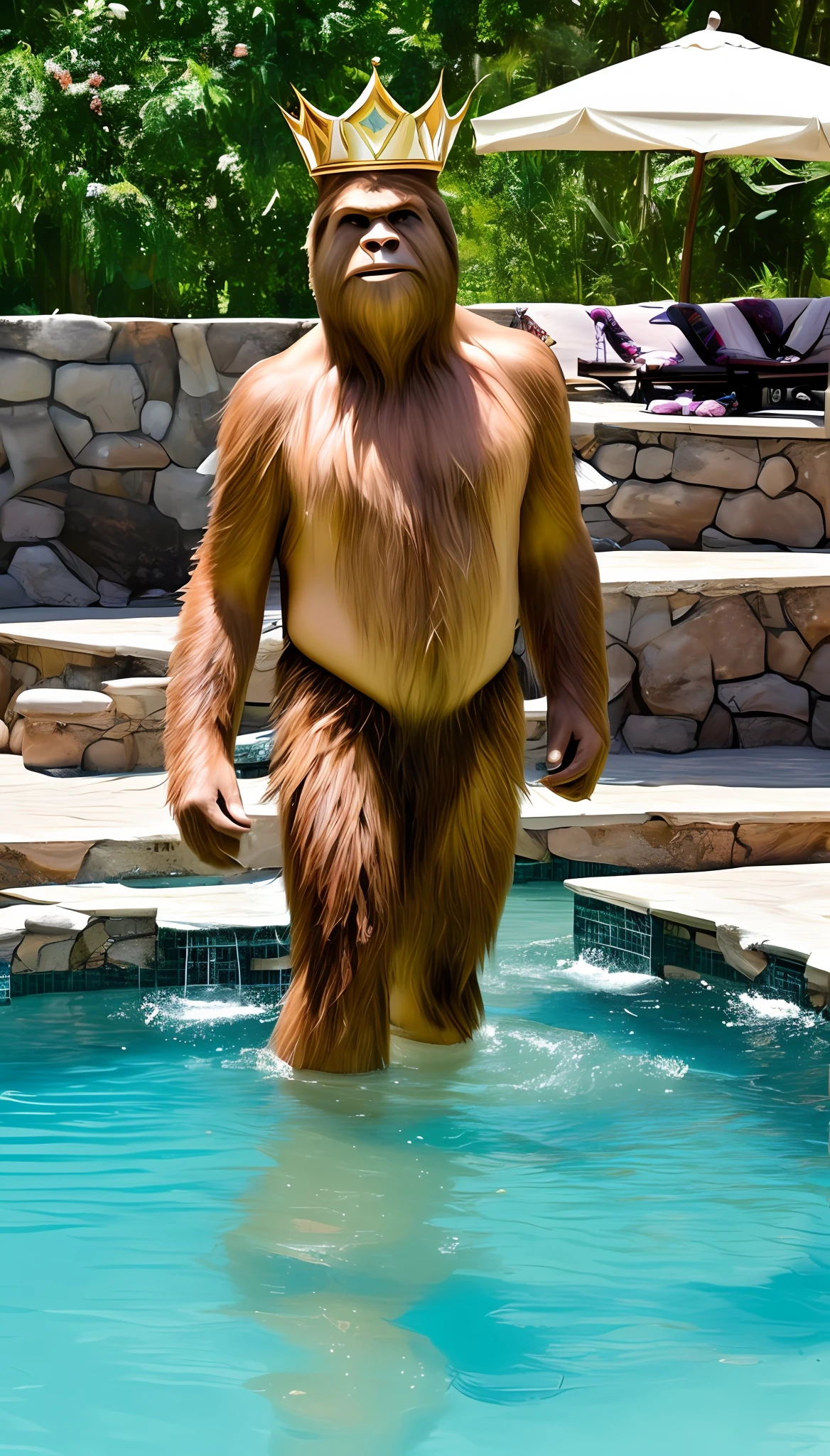 Sasquatch with crown at pool party. --auto