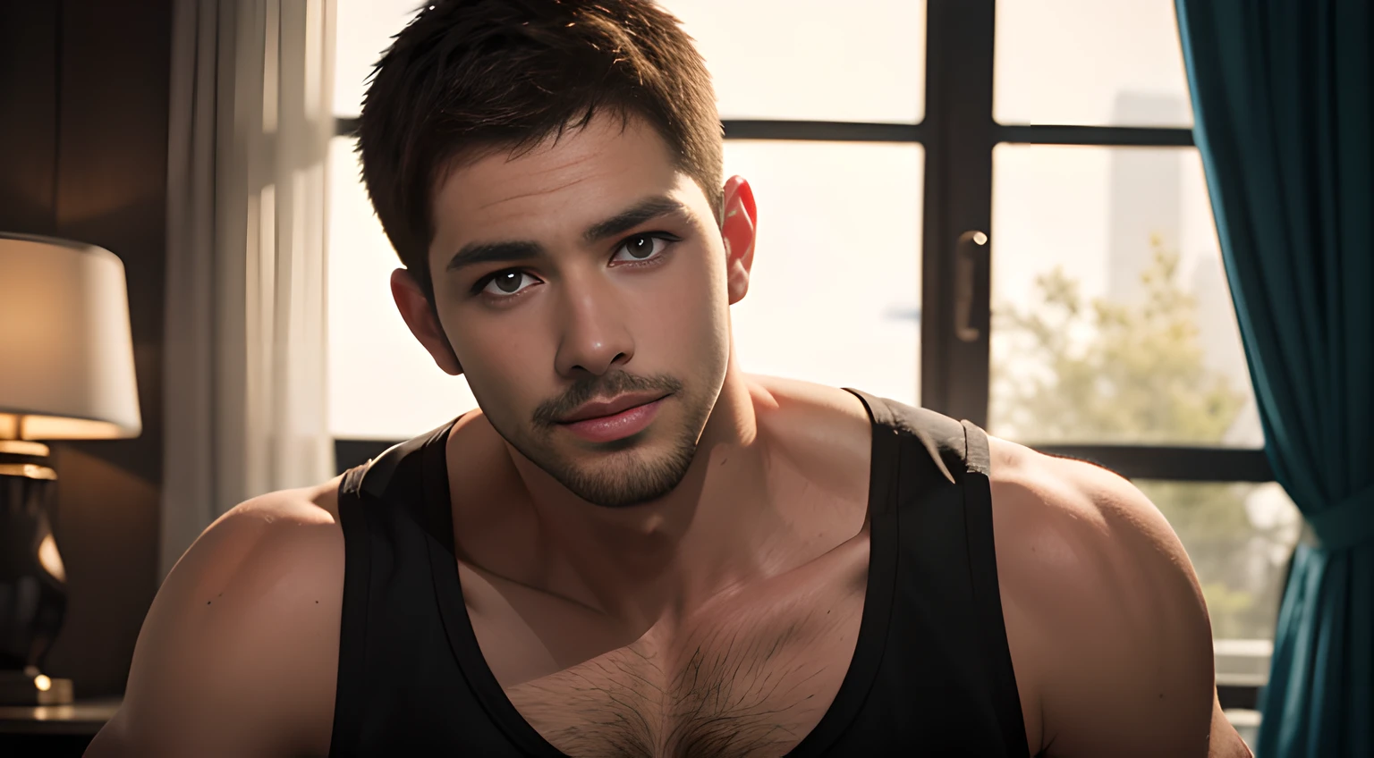 handsome muscular man who looks like Chris Redfield of Resident Evil, mischievous smile, (small details: 1 in 1), natural muscles, higher quality, beautiful eye, (Detailed face and eyes), (face、: 1 of 2), noise, real pictures、... ...PSD, Sharp Focus, High Resolution 8k, Real & Professional Photography, 8K UHD, Soft Lighting, High Quality, Film Grain, FUJIFILM XT3