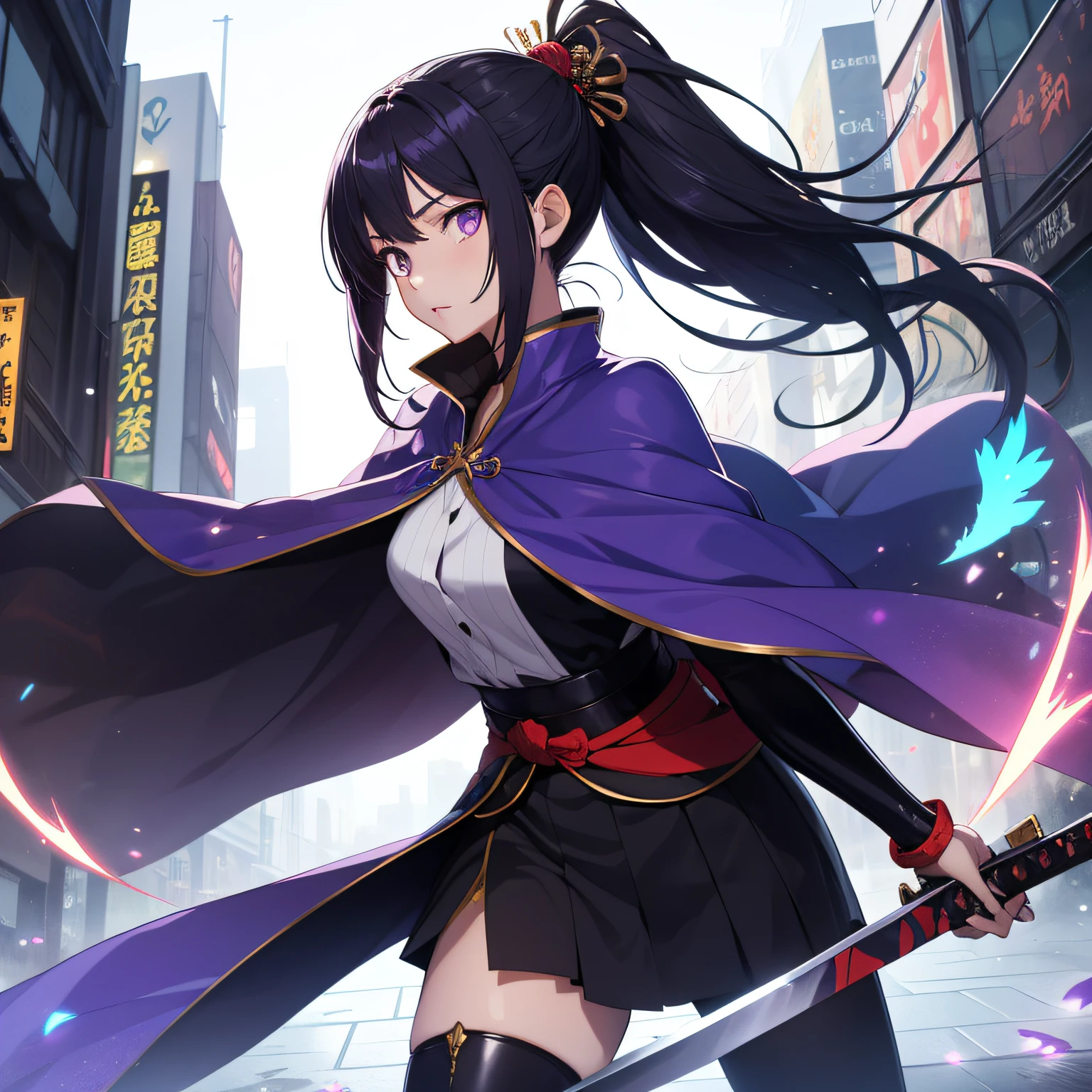 An anime style samurai girl sporting a futuristic katana and petras outfit with cape with purple eyes and black hair, city anime style Scarlet Nexus, epic possession, with a blue dragon style power activation, PC wallpaper,