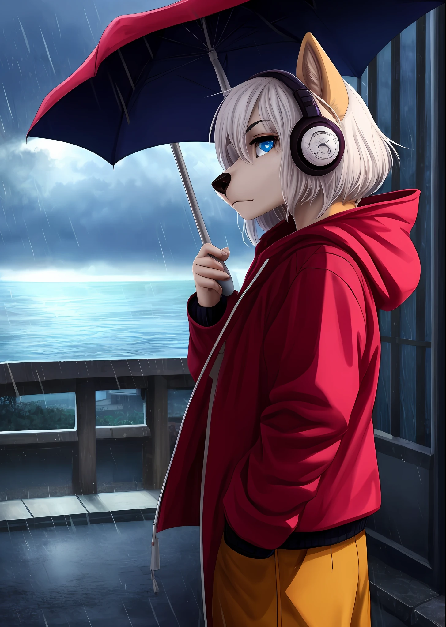 Furry, Wolf, Listening to Music, Detailed headphones, rainy weather, holding umbrella, hooded coat, Short hair in a Chanel, blue eyes, white hair, sad look