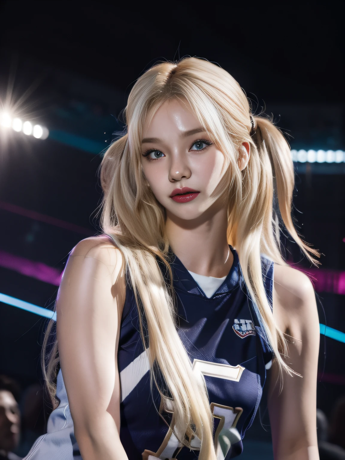 (8K, 4K, Best Quality, Highres, Ultra High Res:1.1), (Masterpiece, Realistic, Photo-Realistic:1.1), 1girl, Face, Close-Up, Twintails, Blonde Hair, Black Eyes, Red Lips, (Looking in Audience: 2), Wearing a trendy football uniform, ridiculously long hair, long eyelashes, eye shadow, small face, big eyes, bare shoulders, high contrast,