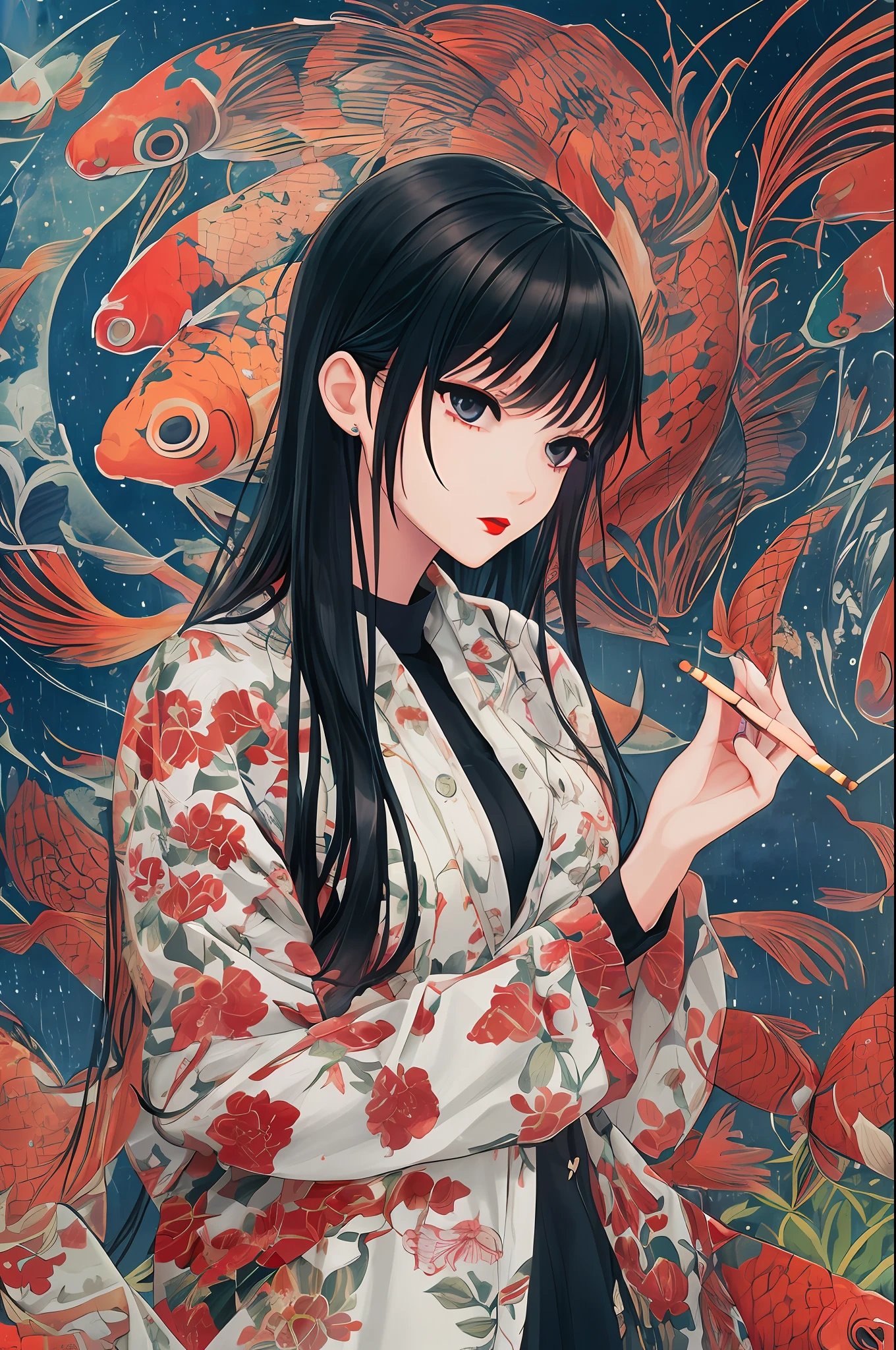 koi fish,1girl, melancholic vibes, modern museum setting, smoking a cigarette, depression, sad mood, night time, rainy day, blues, long black hair, mole on cheek, beautiful, gorgeous, (masterpiece), stunning, exquisite, long nails, red lips, black eyes, muted colors in her outfit, ANIME, 90S