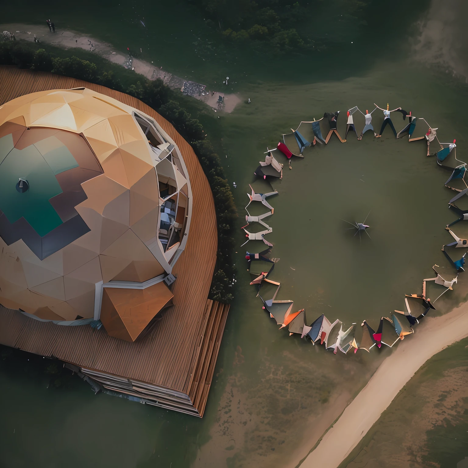 aerial view of a group of people standing in a circle, inspired by Buckminster Fuller, geodesic dome, seen from above, shot from a drone, people facing fire circle, top-down shot, geodesic domes, view from above, geodesic building, by Attila Meszlenyi, photo from above, geodesic