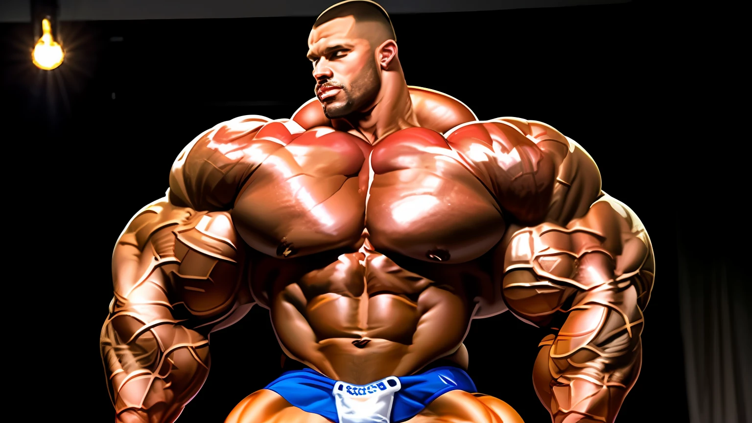 a close up of a bodybuilde posing on a stage, steroids, extreme muscles, big muscle, massive muscles, large muscles, steroid use, big muscles, absurdly massive physique, exaggerated muscles, mr universe, very beautiful. big muscles, musculine, exaggerated muscle physique, exaggerated physique, strong and imposing, bulging muscles
