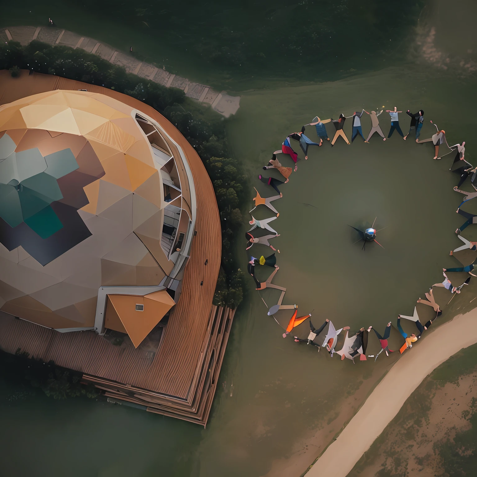 aerial view of a group of people standing in a circle, inspired by Buckminster Fuller, geodesic dome, seen from above, shot from a drone, people facing fire circle, top-down shot, geodesic domes, view from above, geodesic building, by Attila Meszlenyi, photo from above, geodesic