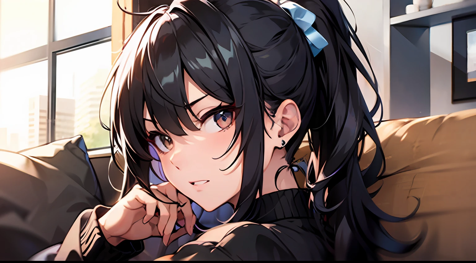 Masterpiece, best quality, girl, long black hair, ponytail, sneering expression, sitting on the sofa,