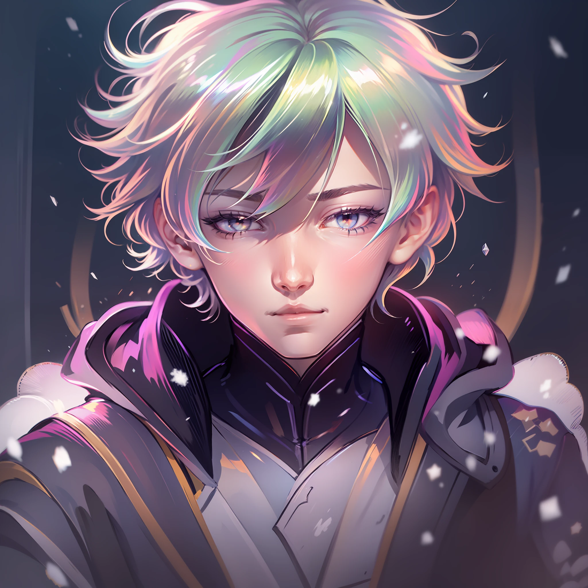 0.7>,anime boy,snow,(Male),jacket,diamond,multicolored hair, multicolored eyes