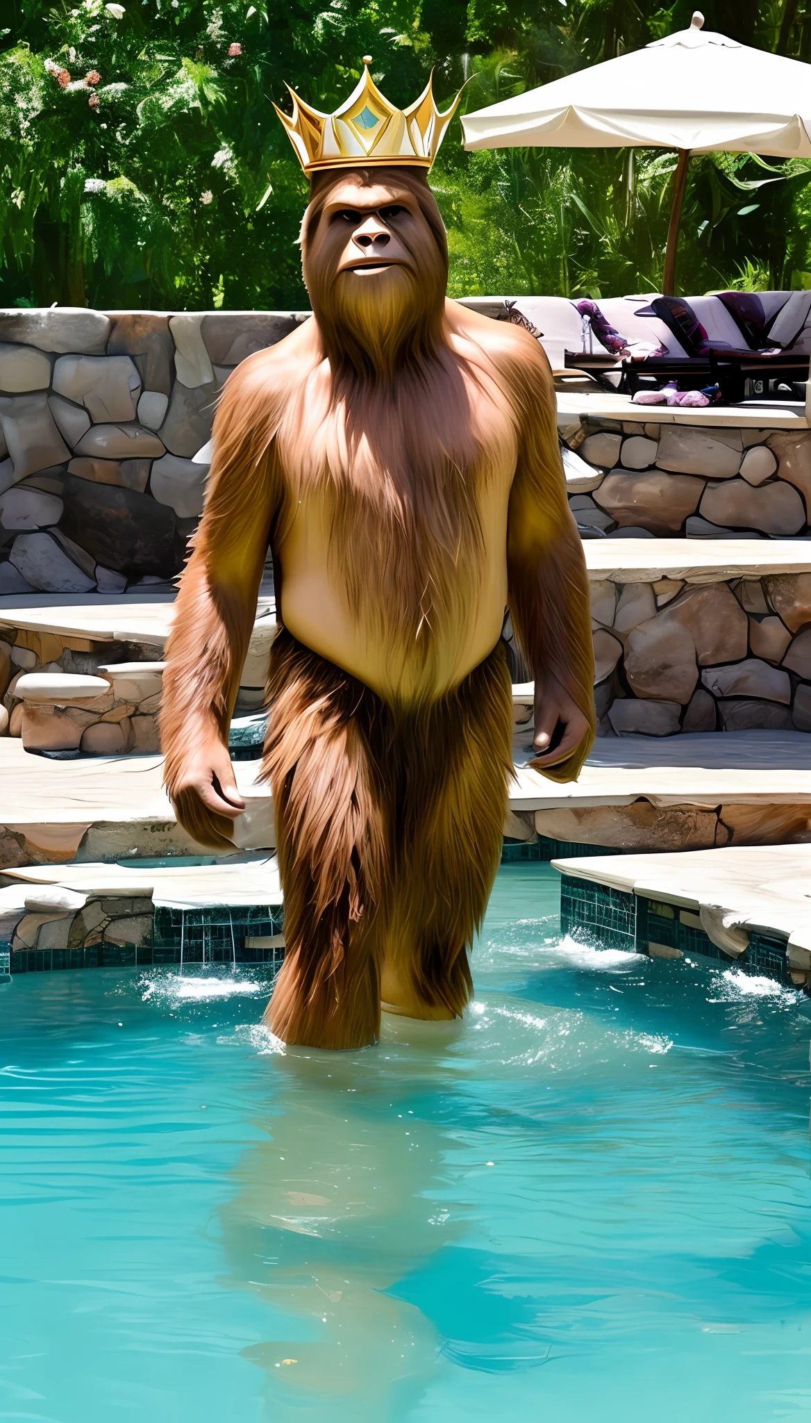 Sasquatch with crown at pool party. --auto