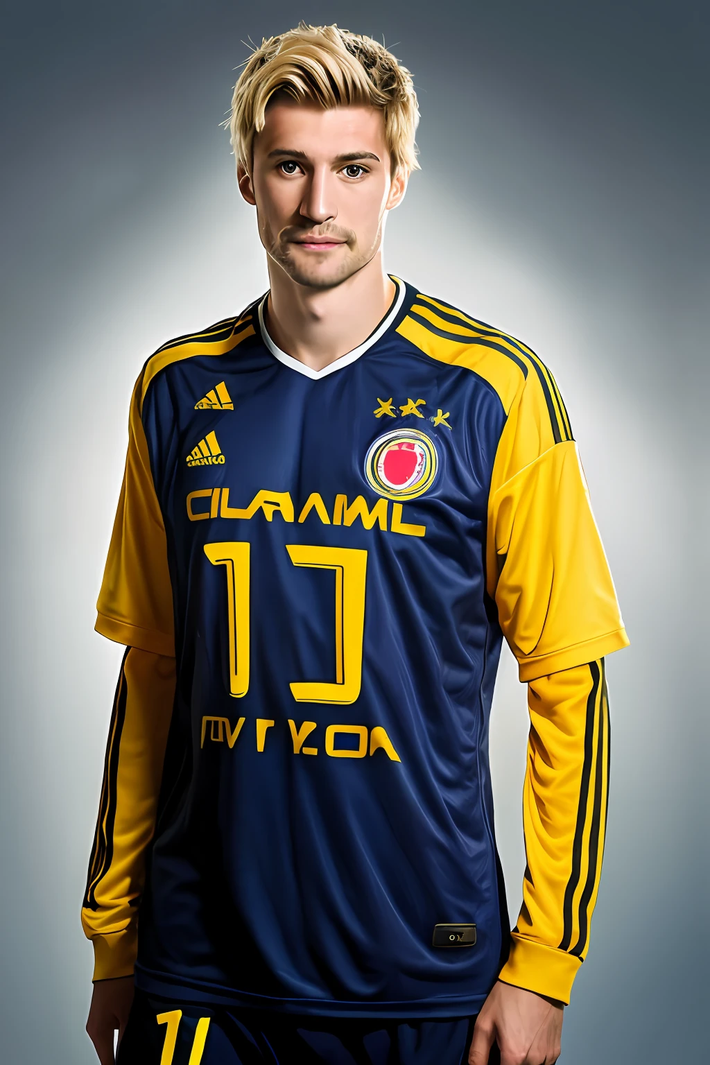Create a soccer player with big, blond hair by wearing the 10th jersey of the Colombia national team