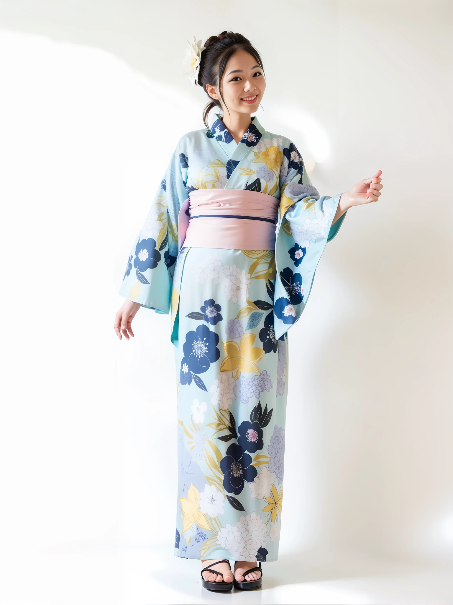 looking at camera, smiling, kawaii Japan idol woman wearing blue and white kimono, yukata clothes, elegant yukata clothes, kimono, kimono, classic kimono, pale colored kimono, royal kimono, Japan kimono, wearing kimono, hakama kimono, Japan style, wearing kimono, Japan clothes, ukiyo style, kanagawa style