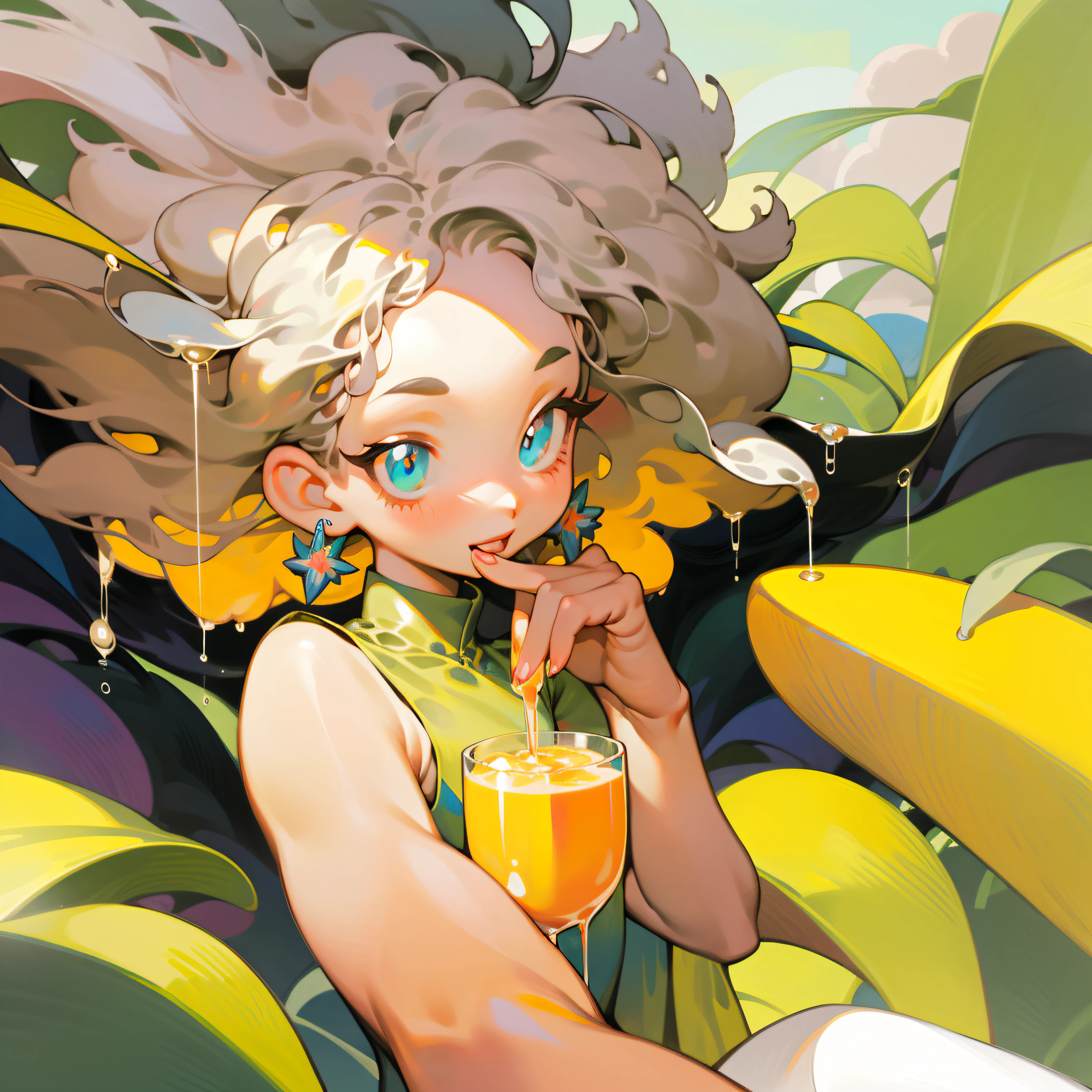 A little girl sits in a glass, happily drinking juice, cool liquid, sunlight, shade, colorful