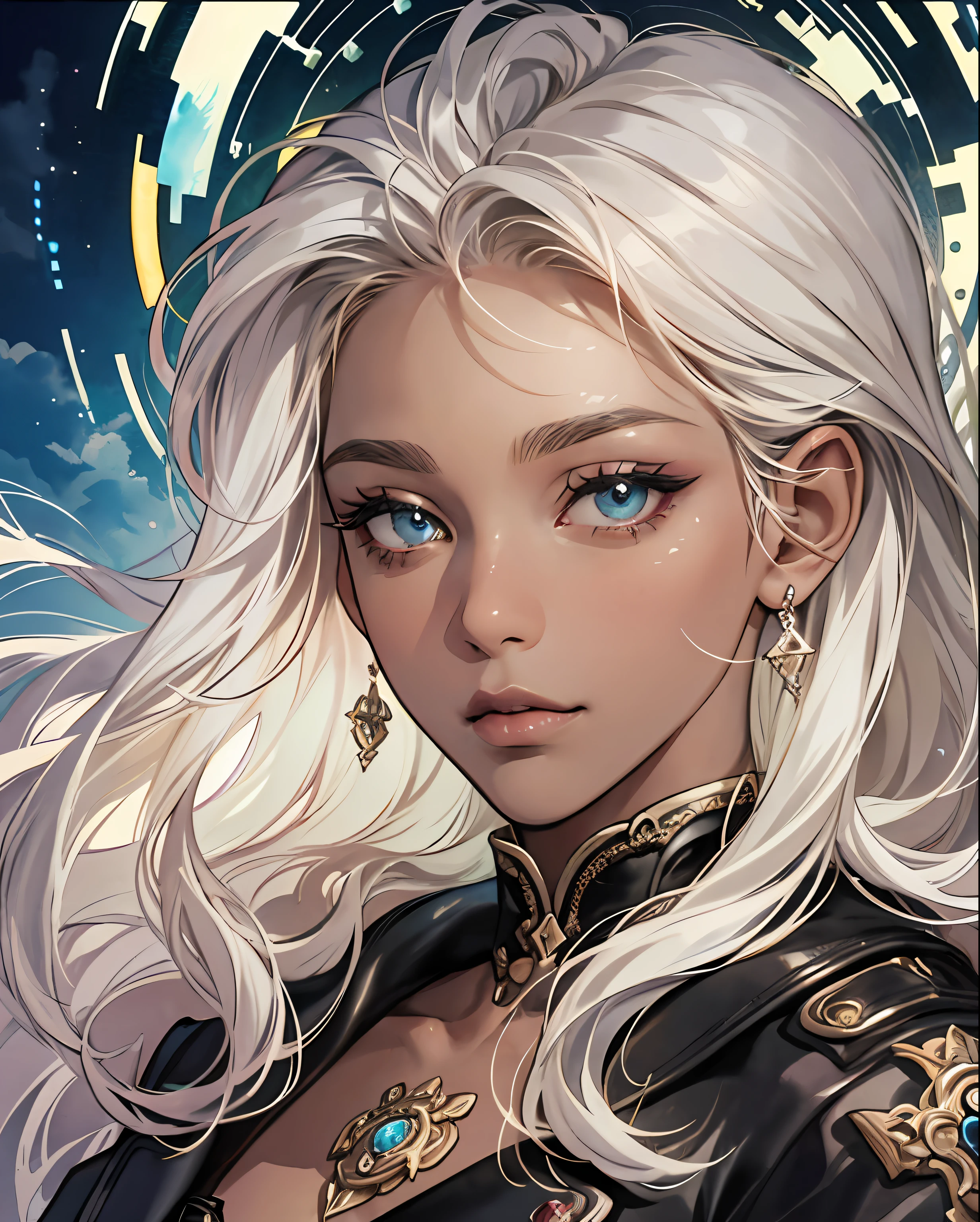 (Extremely Delicate and Beautiful, Watercolor (average), Dark Skin, Afro Skin, Official Art, Beautiful and Aesthetic:1.2), (Fractal Art: 1,3), 8K,(Masterpiece:1.0),(best_quality:1.0), 1girl silver hair and intense eyes, wearing an elegant dress, 1 man blonde hair and bright eyes, wearing a leather jacket , complex details, enlarged textures, complex details, finely detailed eyes and detailed face,  intricate details, pair of twin brothers, dark skin, brown skin, dark skin, black skin, (closed mouth), perfect eyes, equal eyes, magical aura, liquid, cloud, colorful, scales,delicate, (goddess)