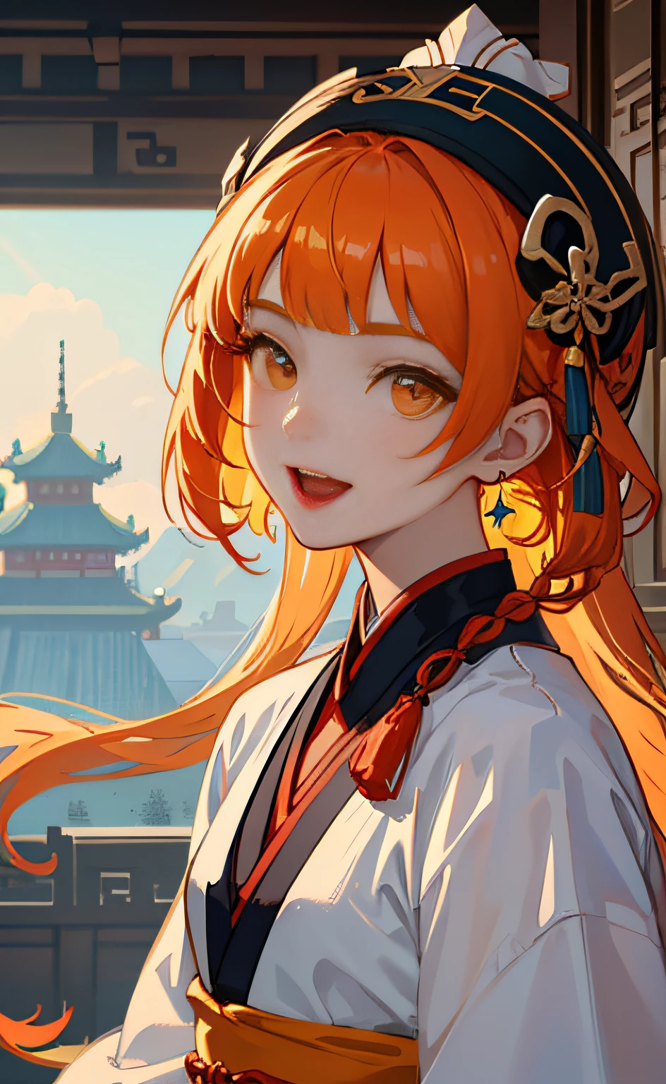 Mature girl , orange eyes, orange hair color, double tie ball head, cute ball head, small hair braid hanging behind the ear, blunt bangs, eyes narrowed into a slit, open mouth smile, cute pear swirl, complex orange damask hanfu, cute accessories, wearing a cute collar, fov, f/1.8, masterpiece, ancient Chinese style architecture, orange rendered background, randomly dotted little stars, front portrait shot, Chang'e, side lighting, sunlight on people, 8K