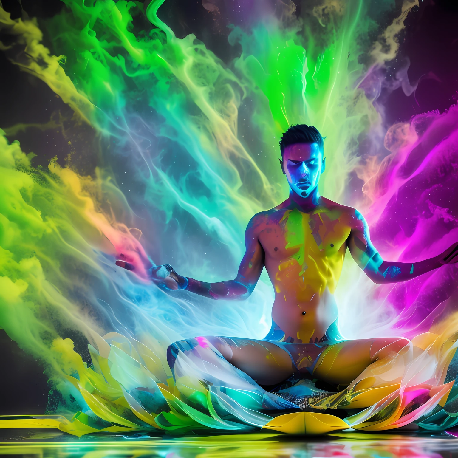 colorslashh, sci-fi, RAW photo, photograph of a real live male mech pilot sitting in a lotus position [translucent latex : lime], sportique body,  wires, HUD controls a  buddhist mandala, color pigments spread out in air,