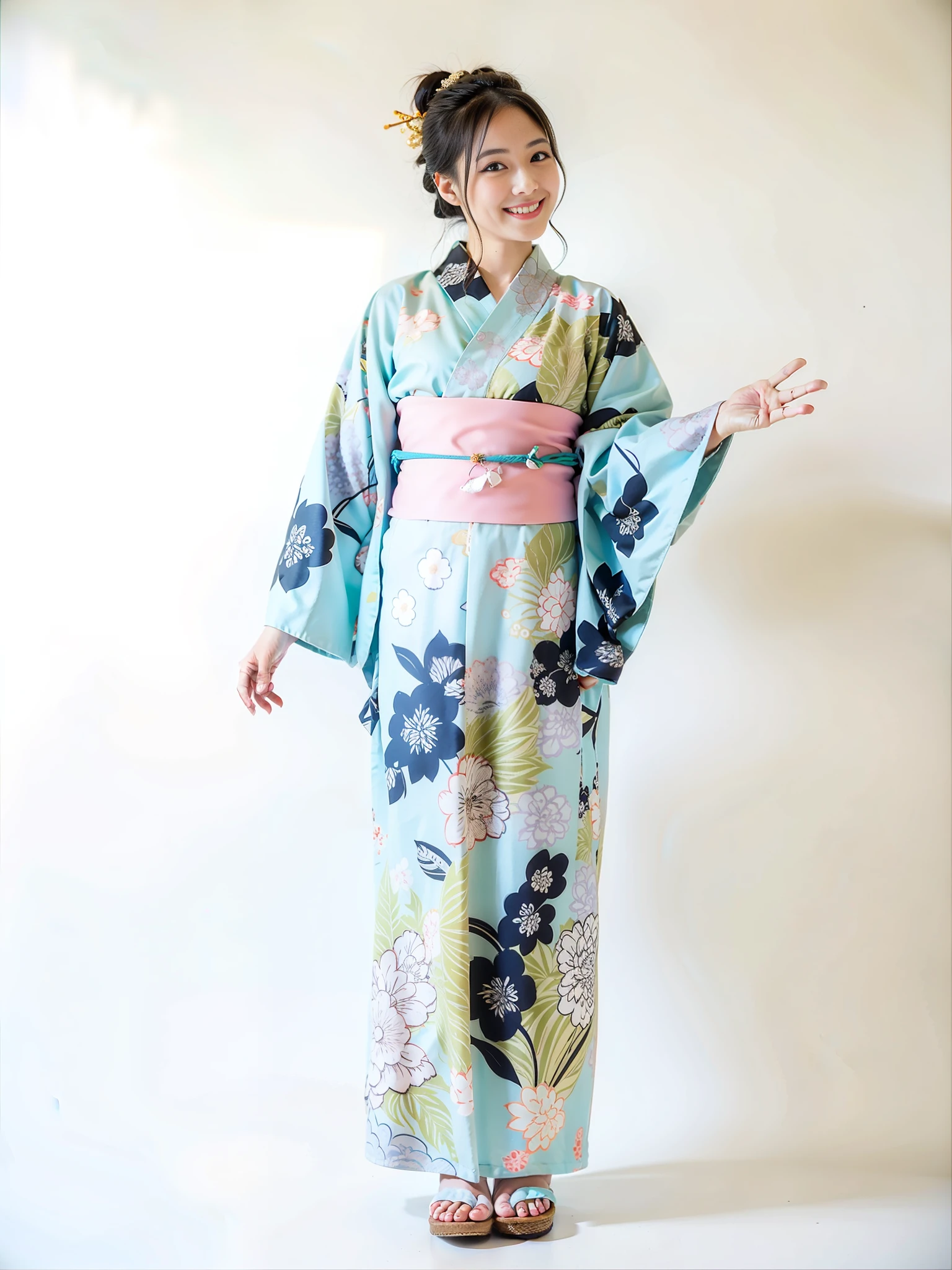 looking at camera, smiling, kawaii Japan idol woman wearing blue and white kimono, yukata clothes, elegant yukata clothes, kimono, kimono, classic kimono, pale colored kimono, royal kimono, Japan kimono, wearing kimono, hakama kimono, Japan style, wearing kimono, Japan clothes, ukiyo style, kanagawa style