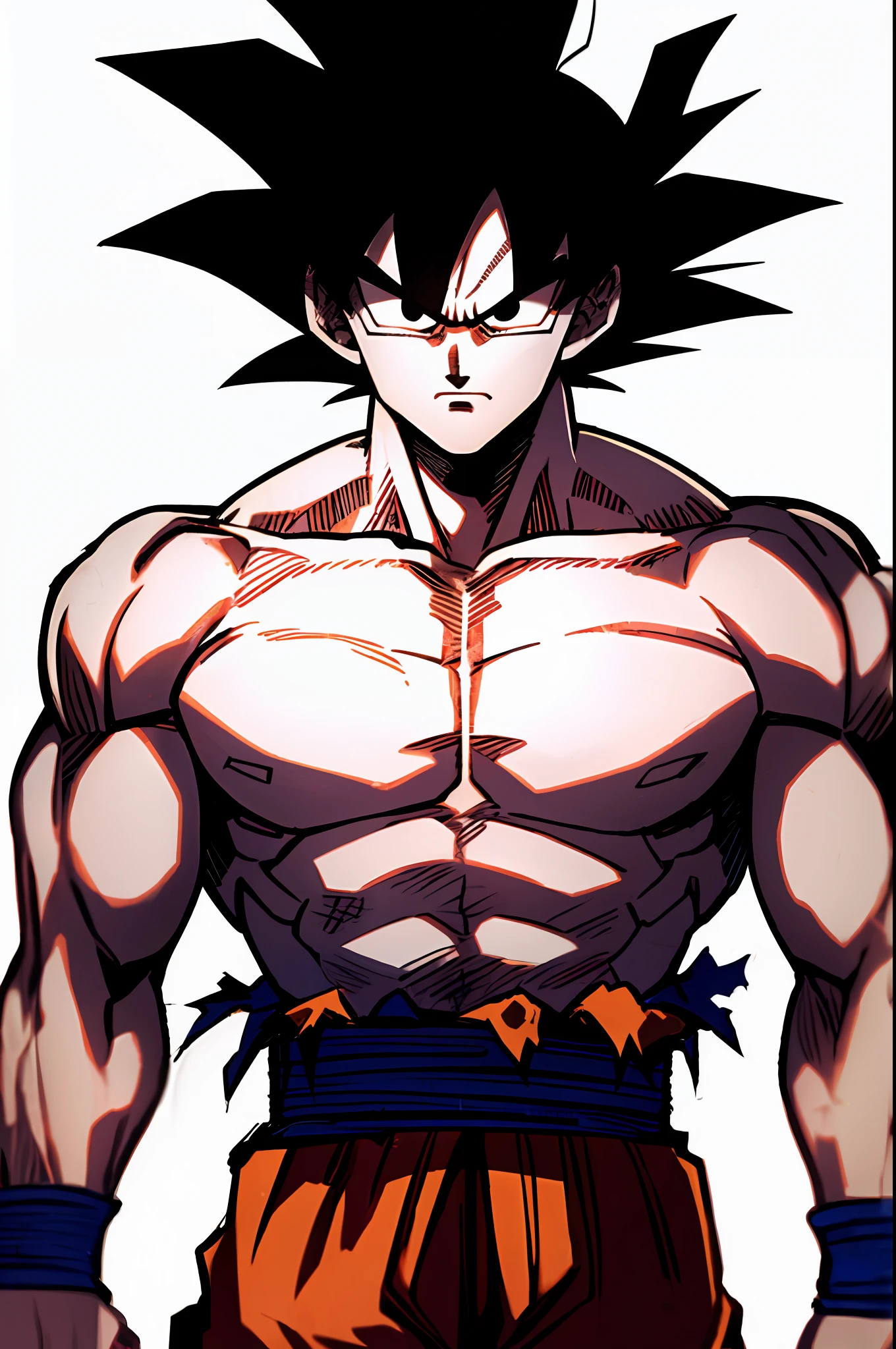 son goku, 1boy, closed mouth, male focus, muscular, muscular male, rock, sash, serious, solo, spiked hair, topless male, torn clothes, ultra instinct, black eyes, black hair, ((masterpiece))