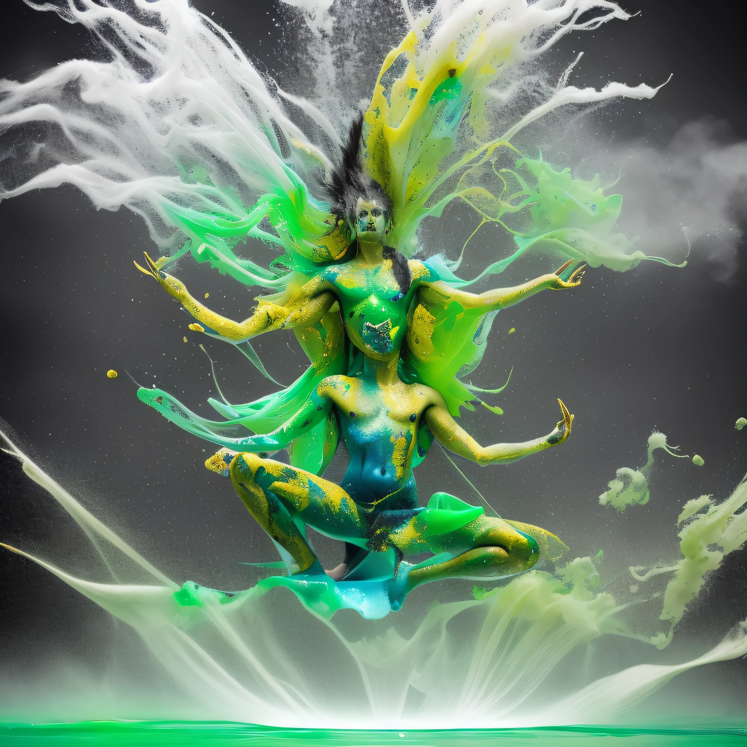 colorslashh, sci-fi, RAW photo, photograph of a real live male mech pilot sitting in a lotus position [translucent latex : lime], sportique body,  wires, HUD controls a  buddhist mandala, color pigments spread out in air,