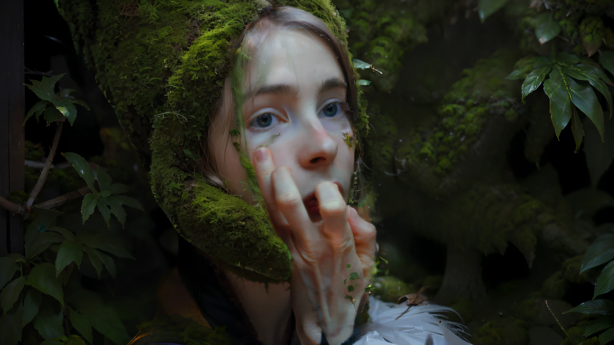 portrait of a forest mage, covered in moss
