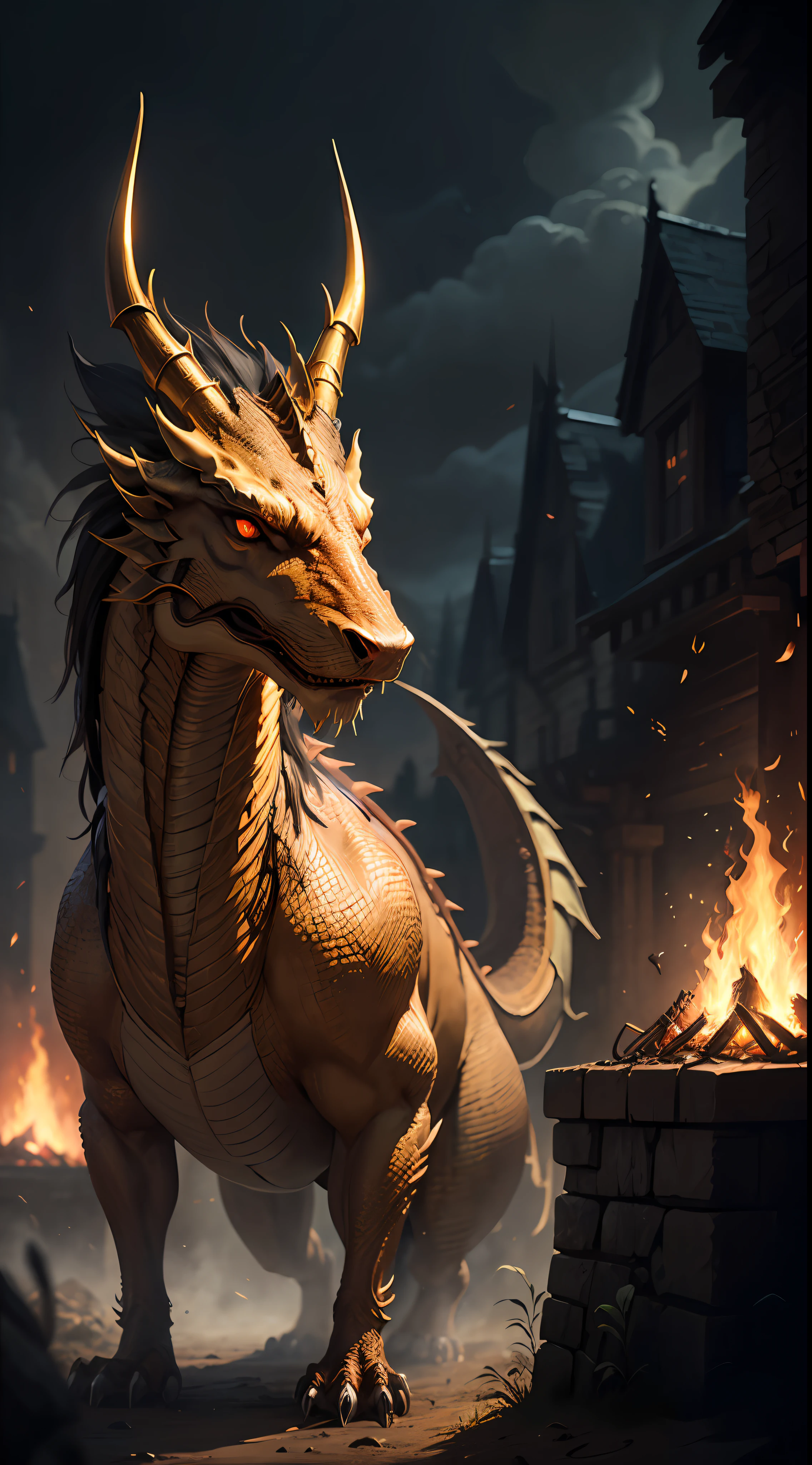 golden dragon, realistic, medieval, masterpiece, best quality, Tolkien, Lord of the Rings, fire, --auto