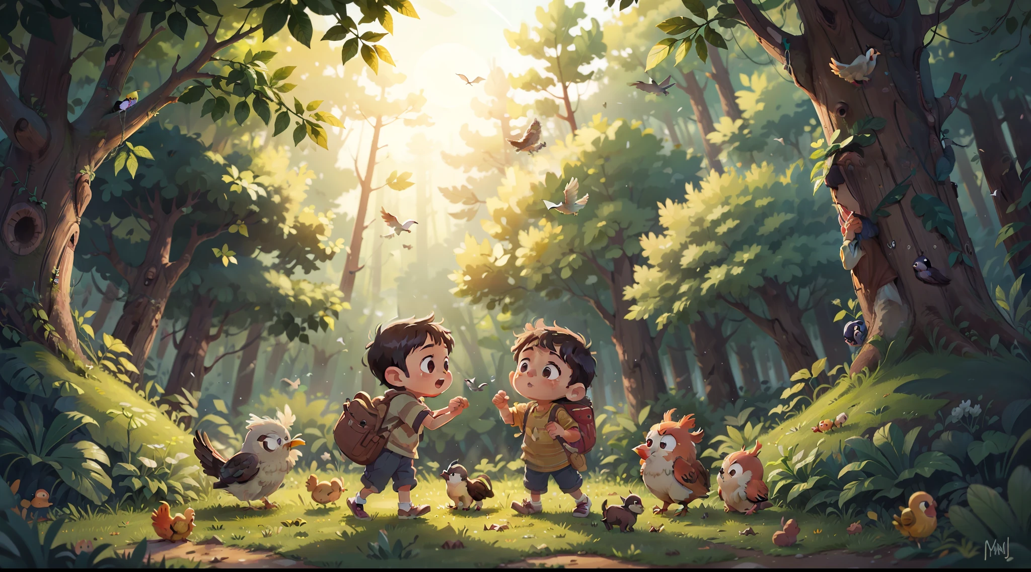 Children playing in the morning forest, birds, small animals, sunrise