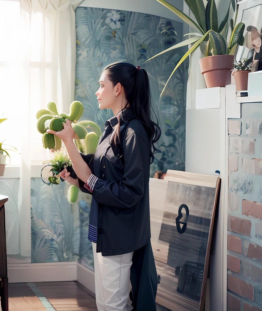 there is a woman holding a bunch of green plants in her hands, the woman holds more toys, with cactus plants in the room, holding a cactus, next to a plant, home photography portrait, portrait image, environmental portrait, woman made of plants, toy commercial photo, adorned with all kind of plants, portrait shot, stock photography, advertising photo, photoshoot