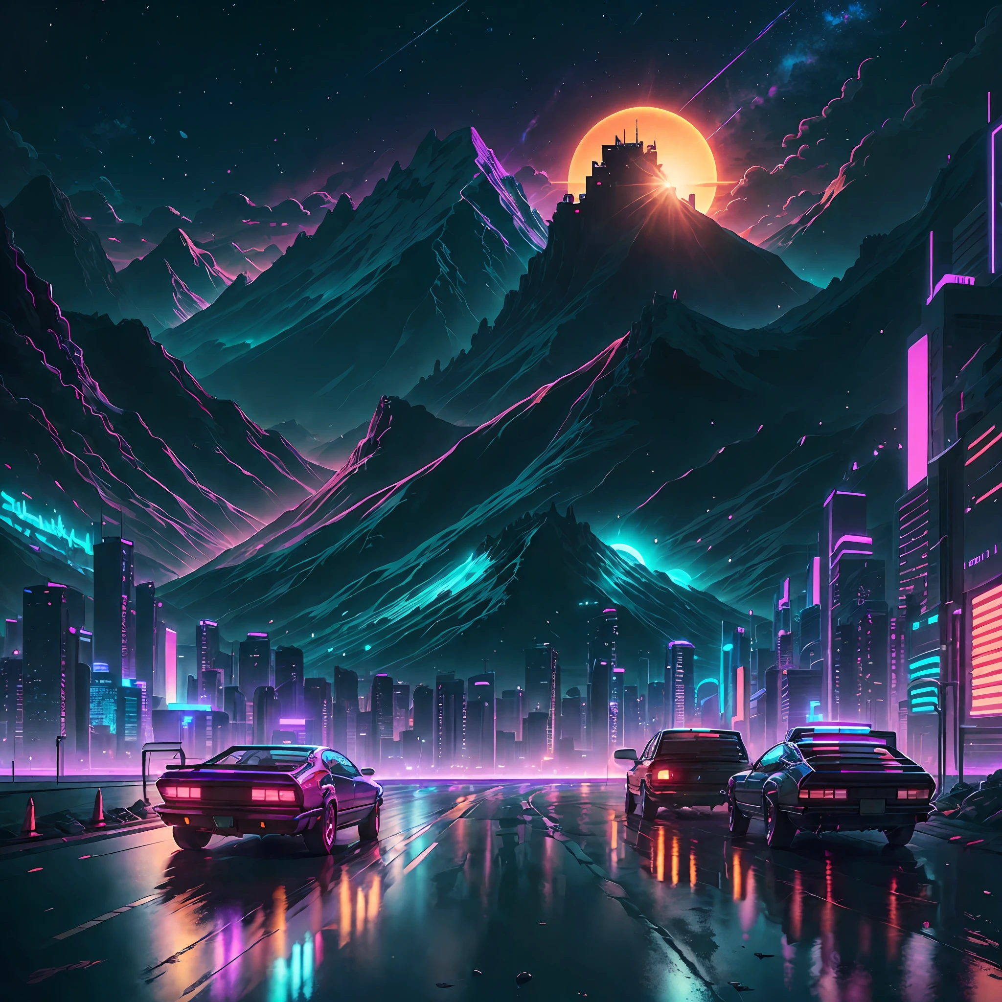 retrowave. city, car, road, purple neon lights, sun, mountain,
(masterpiece,detailed,highres),