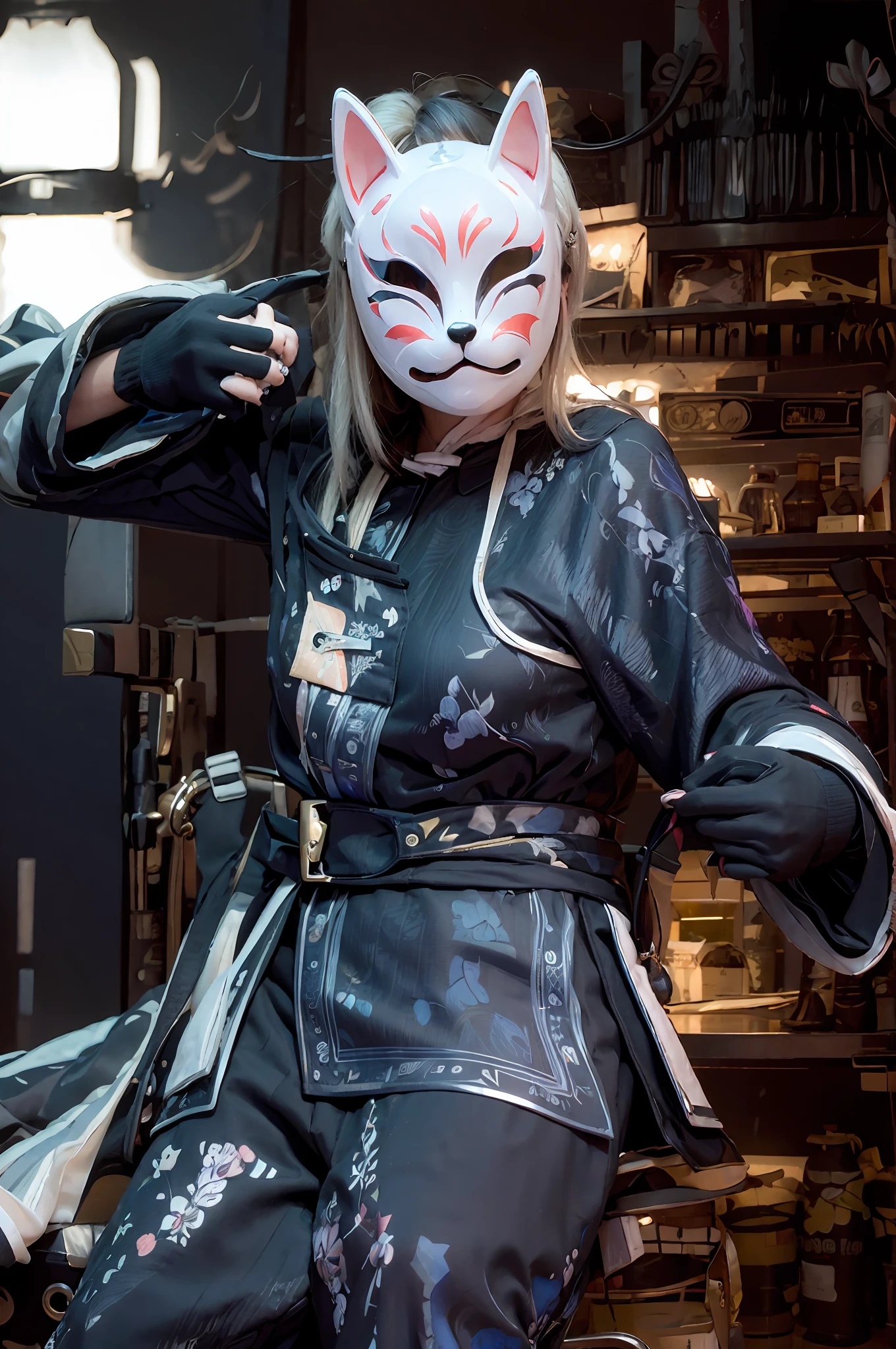 Blue clothes, fox mask Person wearing fox mask on face, woman, blue china clothes, blonde hair