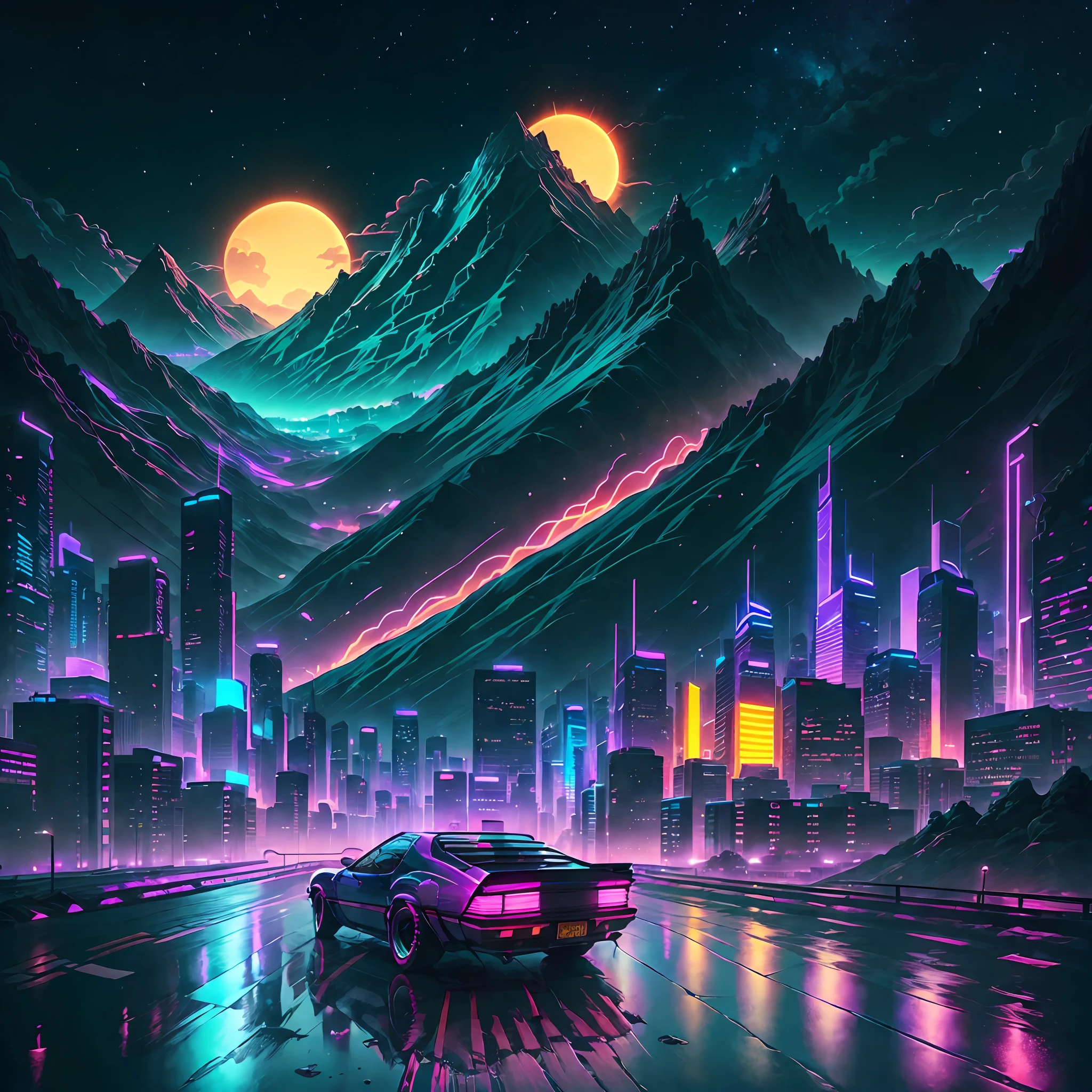 retrowave. city, car, road, purple neon lights, sun, mountain,
(masterpiece,detailed,highres),