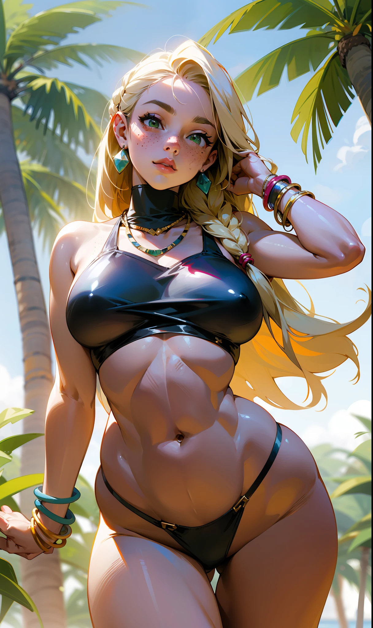 European realistic white woman 30 years old straight blonde hair, average length at shoulder height, some freckles on her face, green eyes, snub-nosed, thick lips, with volume, sensual mouth between open, looking down with intimidating look, view from below, looking from below, full body, wearing a thin lace bikini with her big breasts sticking out, Escaping out of the bikini, gorgeous and smooth skin with freckles, few freckles, natural braided fine necklace, tribal string bracelet, leaning against a large palm tree on a cloudy, windy day, hair thrown to the wind, full body woman, arms behind the body, sensual pose, sexy girl, with wide hips and shaved belly